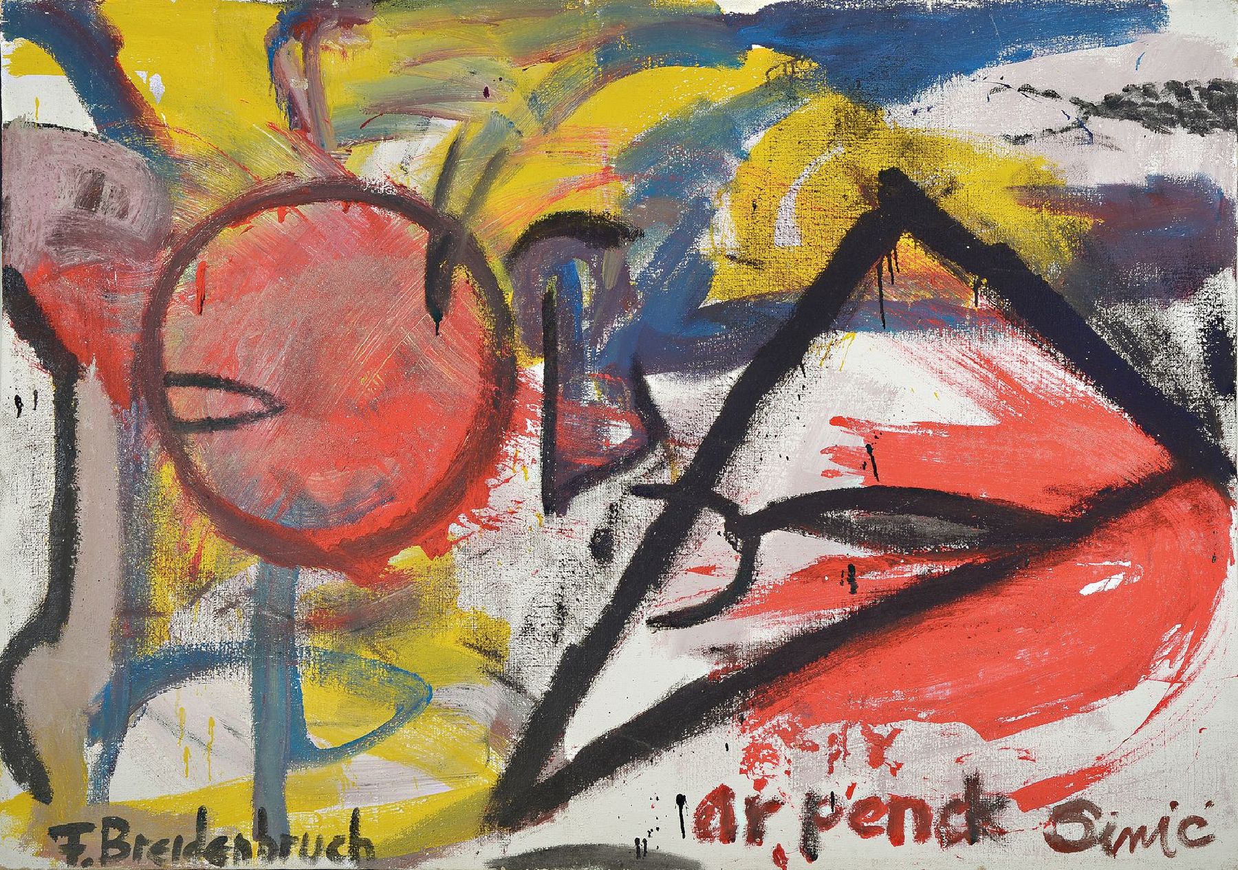 A.R. Penck, Frank Breidenbruch und Pedrac Simic, "Concept Member H. Zimcon", von 1993, Acryl auf Leinwand, signiert von allendrei ...