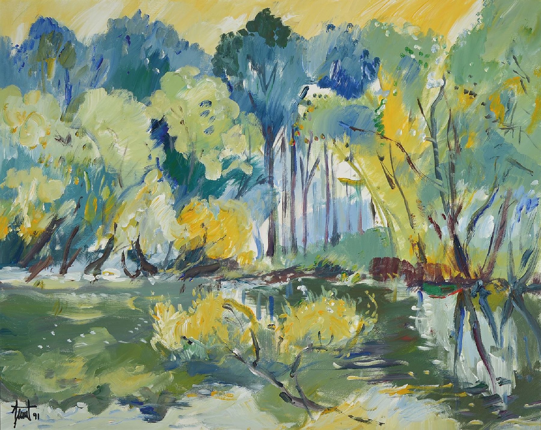 Georg Günther Zeuner, 1923 Dresden-2011 Speyer, Studium an der Akademie Dresden, hier: Altrhein bei Otterstadt, Acryl/Lwd, links unten signiert und ...
