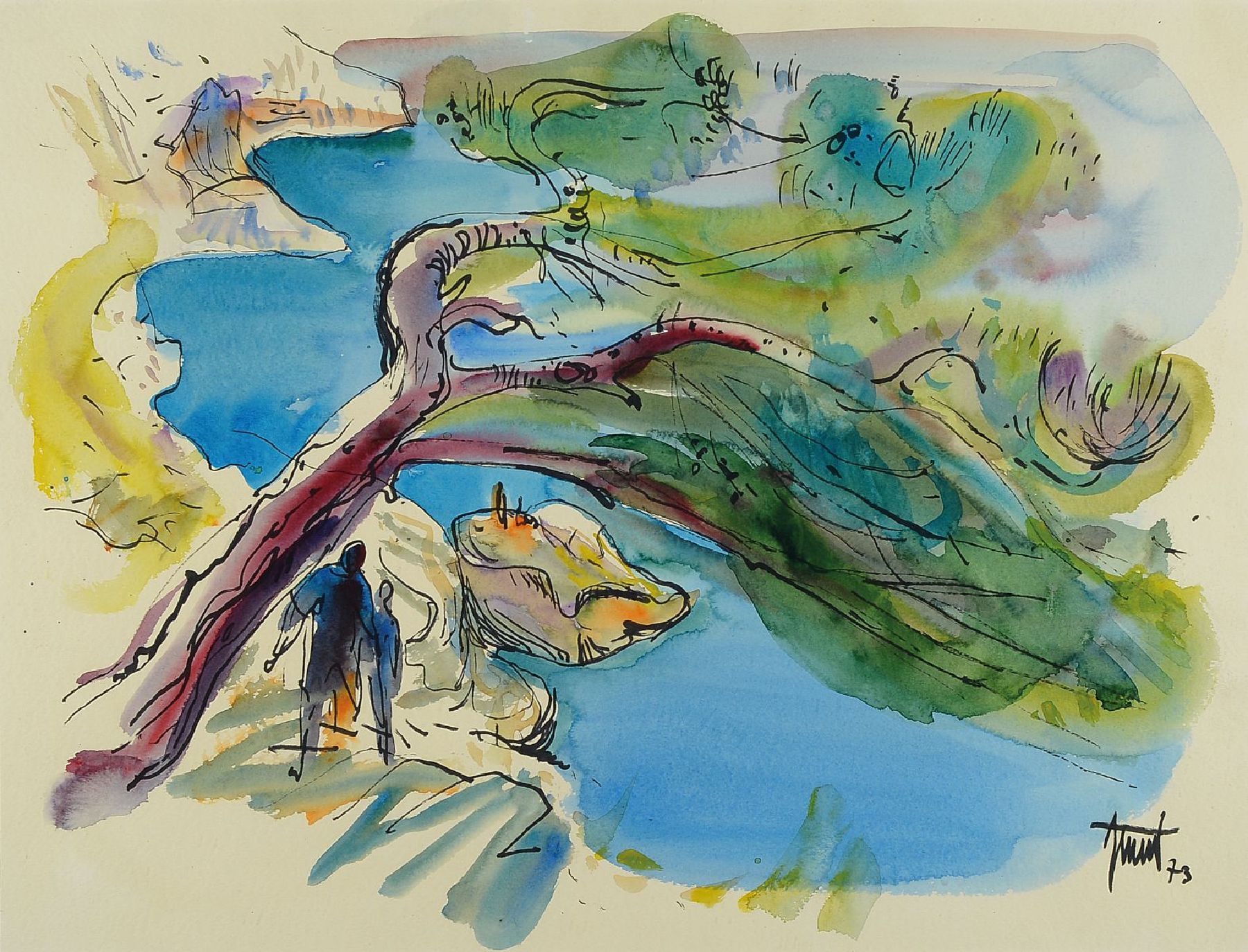 Georg Günther Zeuner, 1923 Dresden-2011 Speyer, 2 Aquarelle: Korngasse in Speyer, signiert und dat. 93, ca. 52x38cm, u.Gl., R. ca. 75x65cm; Personen ...