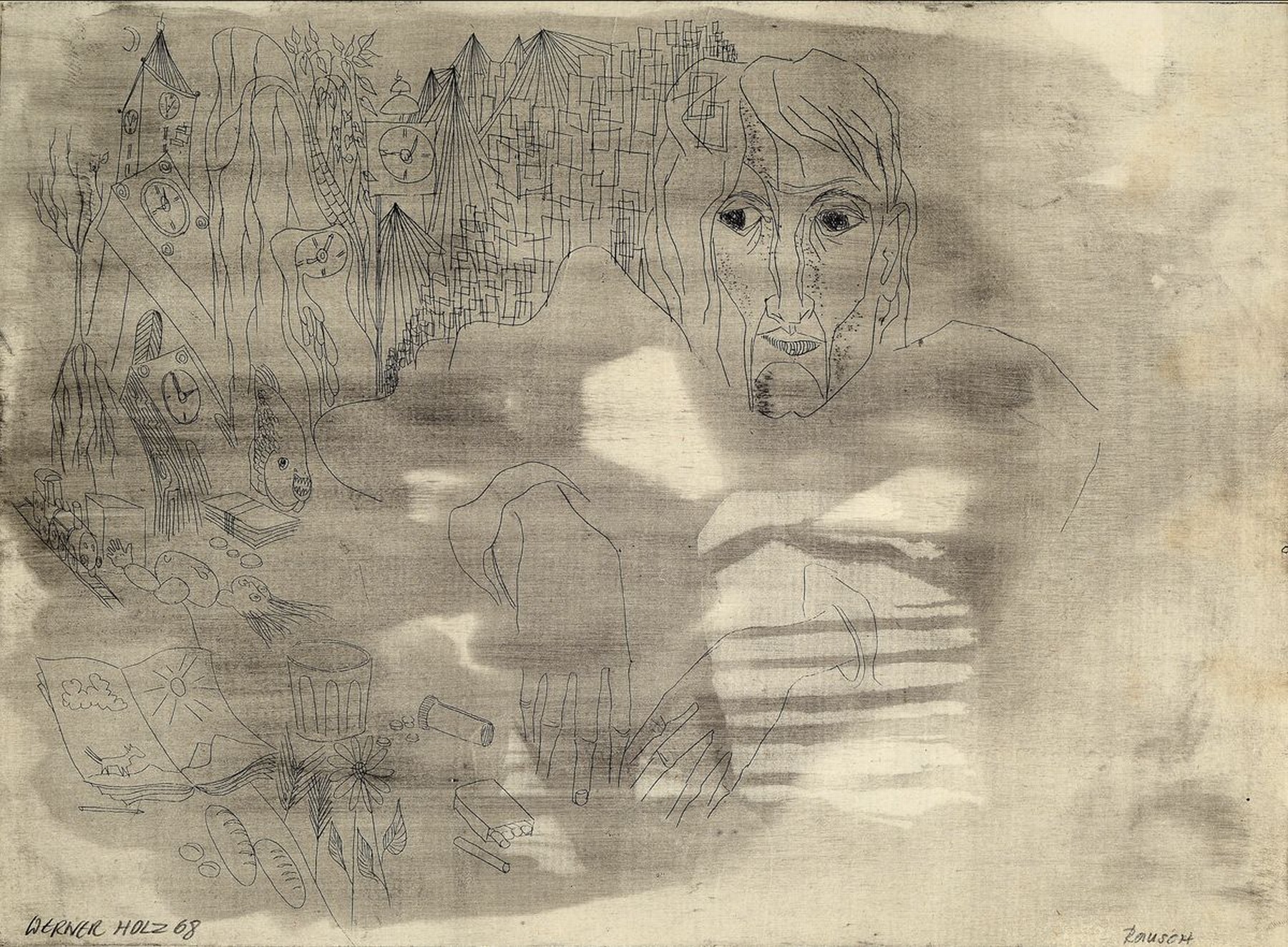 Werner Holz, 1948-1991 Radierung, Selbstdarstellung, Rausch, sign., dat. 68 ca. 21x30 cm, knicke und Flecken zusehen