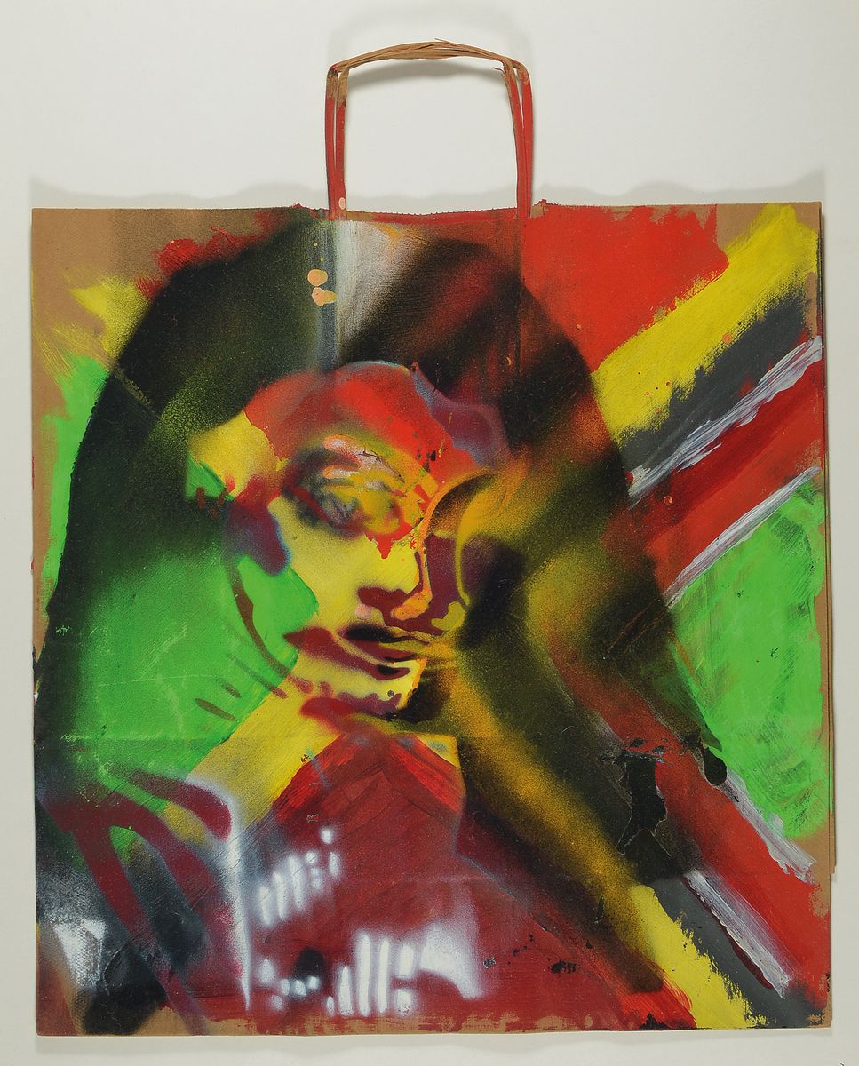 Christof Kohlhöfer, 1942 Bad Nauheim, Acryl und Sprühtechnik auf Papiertüte, verso signiert und betitelt, unter Glas, Rahmen, nicht geöffnet, ...