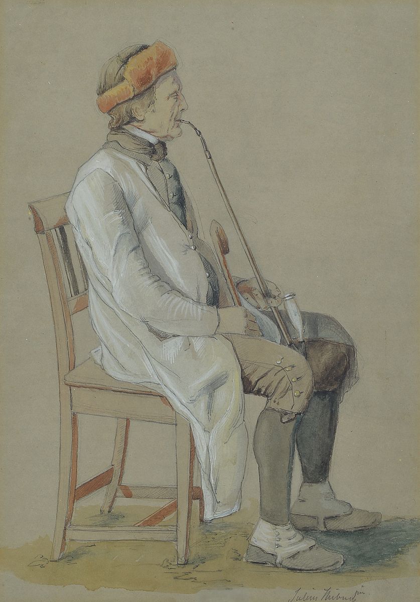 Juluis Hübner, 1806 - 1882, aquarellierte Bleistiftzeichnung, sitzender Mann mit Porzellankopfpfeife, re. u. signiert, unter Glas, ca. 36 x 25 cm/52 ...