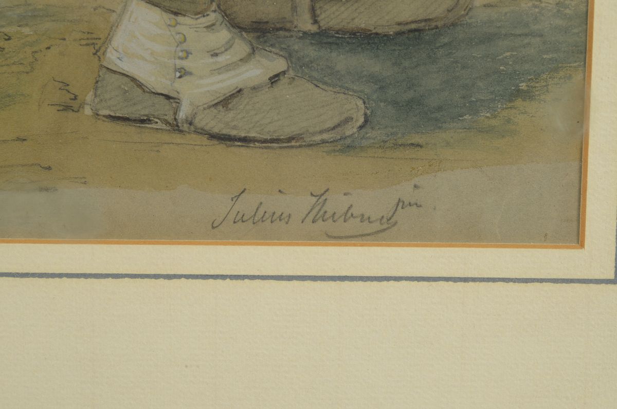 Detail a: Juluis Hübner, 1806 - 1882, aquarellierte Bleistiftzeichnung, sitzender Mann mit Porzellankopfpfeife, re. u. signiert, unter Glas, ca. 36 x 25 cm/52 ...