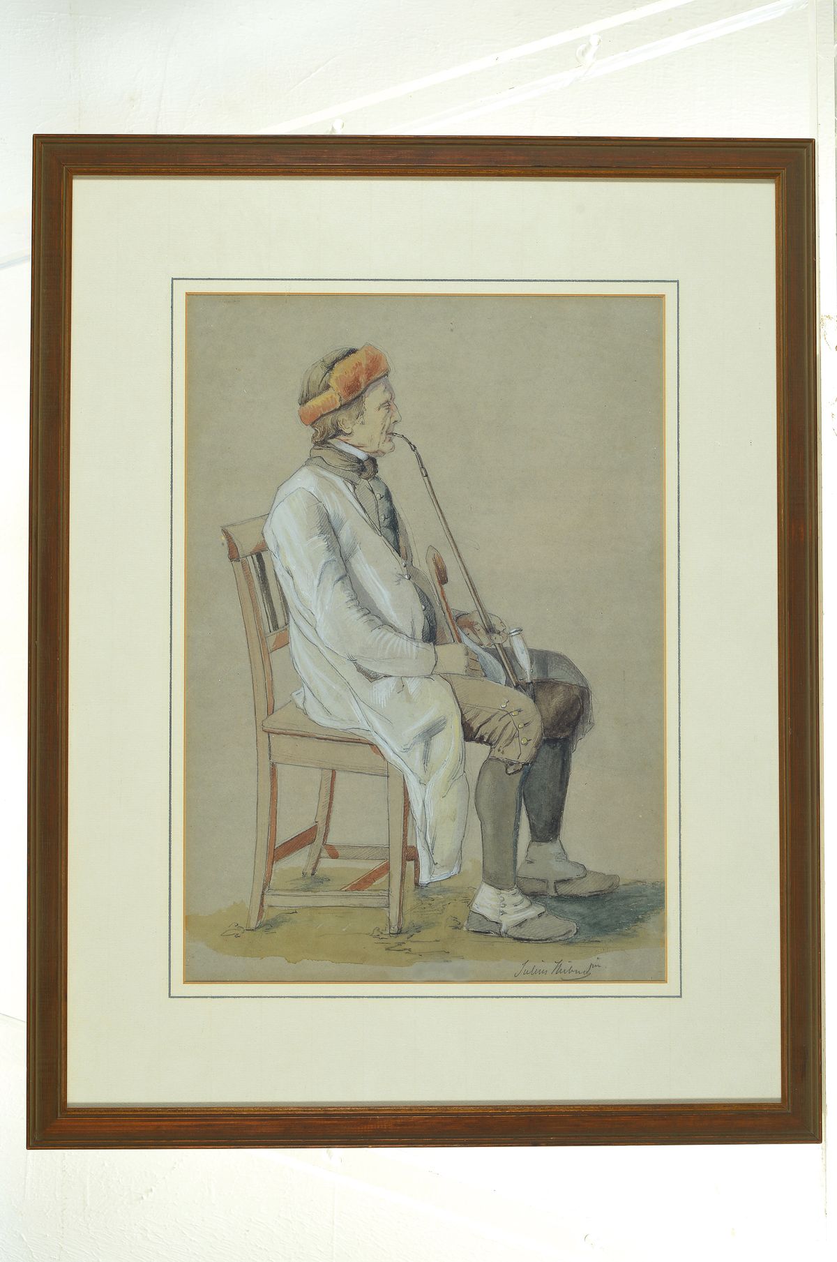 Detail k: Juluis Hübner, 1806 - 1882, aquarellierte Bleistiftzeichnung, sitzender Mann mit Porzellankopfpfeife, re. u. signiert, unter Glas, ca. 36 x 25 cm/52 ...