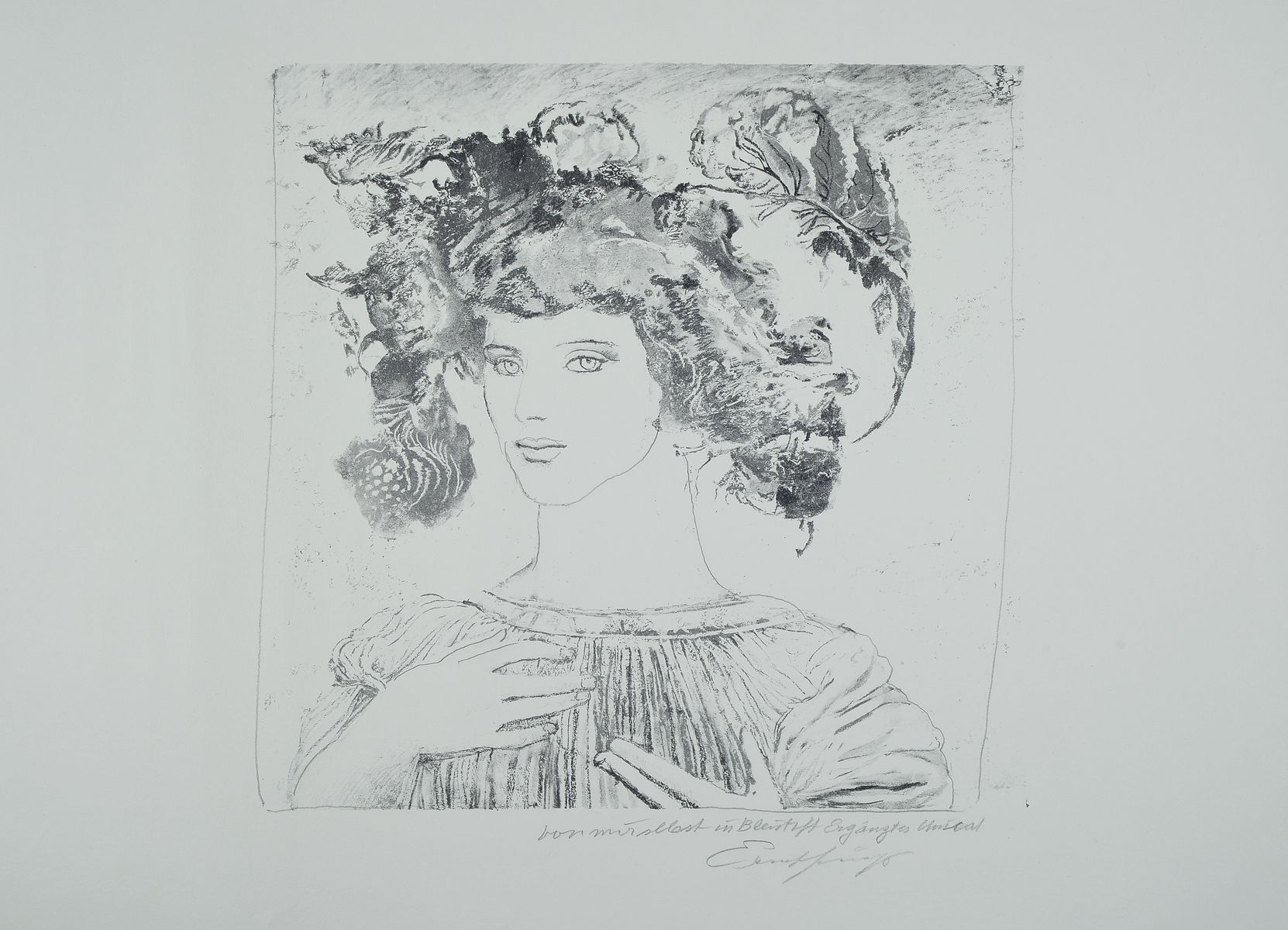 Ernst Fuchs, 1930-2015 , Frauenbildnis, Lithografie & Bleistift, Mischtechnik, handsign., Motivgr. ca. 35x37 cm, Blattgr. 70x50 cm