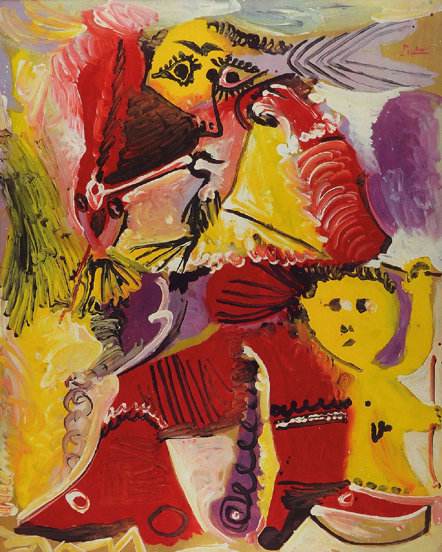 Pablo Picasso, 1881-1973, Rembrandt Teske Gestalt und Amor, Farblithographie von 1980 nach dem Gemälde von 1969, auf Rives-Bütten, in der Platte ...
