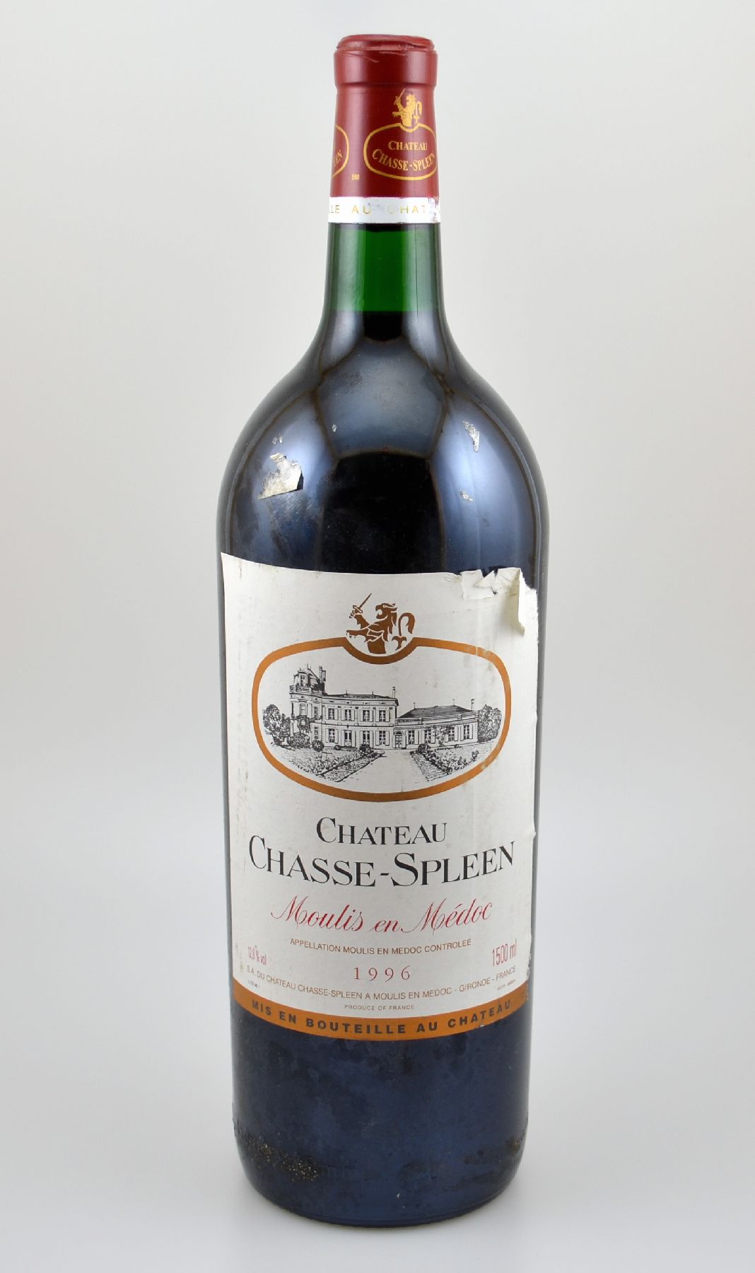1 Magnumflasche 1996 Chateau Chasse-Spleen, Moulis en Medoc, ca. 150 cl, 12,8 % Vol., Füllstand: into neck, Etikett z.T. besch., unverkostet