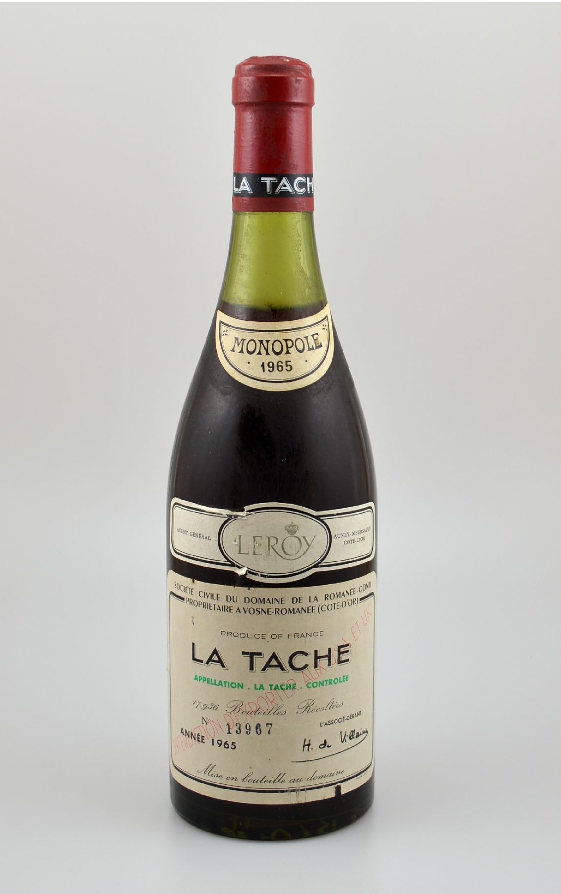 1 Flasche 1965 Domaine de la Romanee-Conti La Tache, Grand Cru Monopole, Leroy, Cote D'Or, Abstand zwischen Kapsel und Wein: ca. 3,5 cm, Etikett ...
