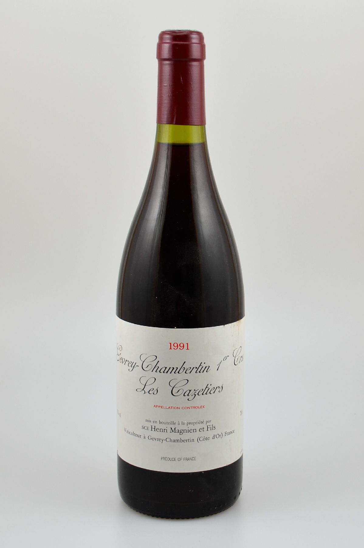 1 Flasche 1991 Gevrey-Chambertin Les Cazetiers, Henri Magnien et Fils, 1er Cru, ca. 75 cl, 13 % Vol., Abstand zwischen Kapsel und Wein: ca. 1 cm, ...