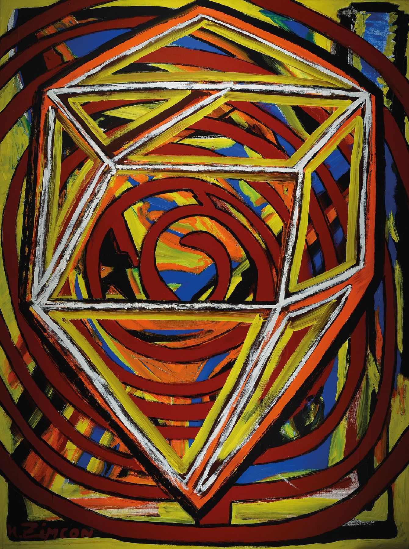 H. Zimcon,"räumlich 3 D", Acryl/Lwd, abstr. Komposition, verso signiert und bez. Eigentum des Künstlers unverkäuflich, An Astrid ...