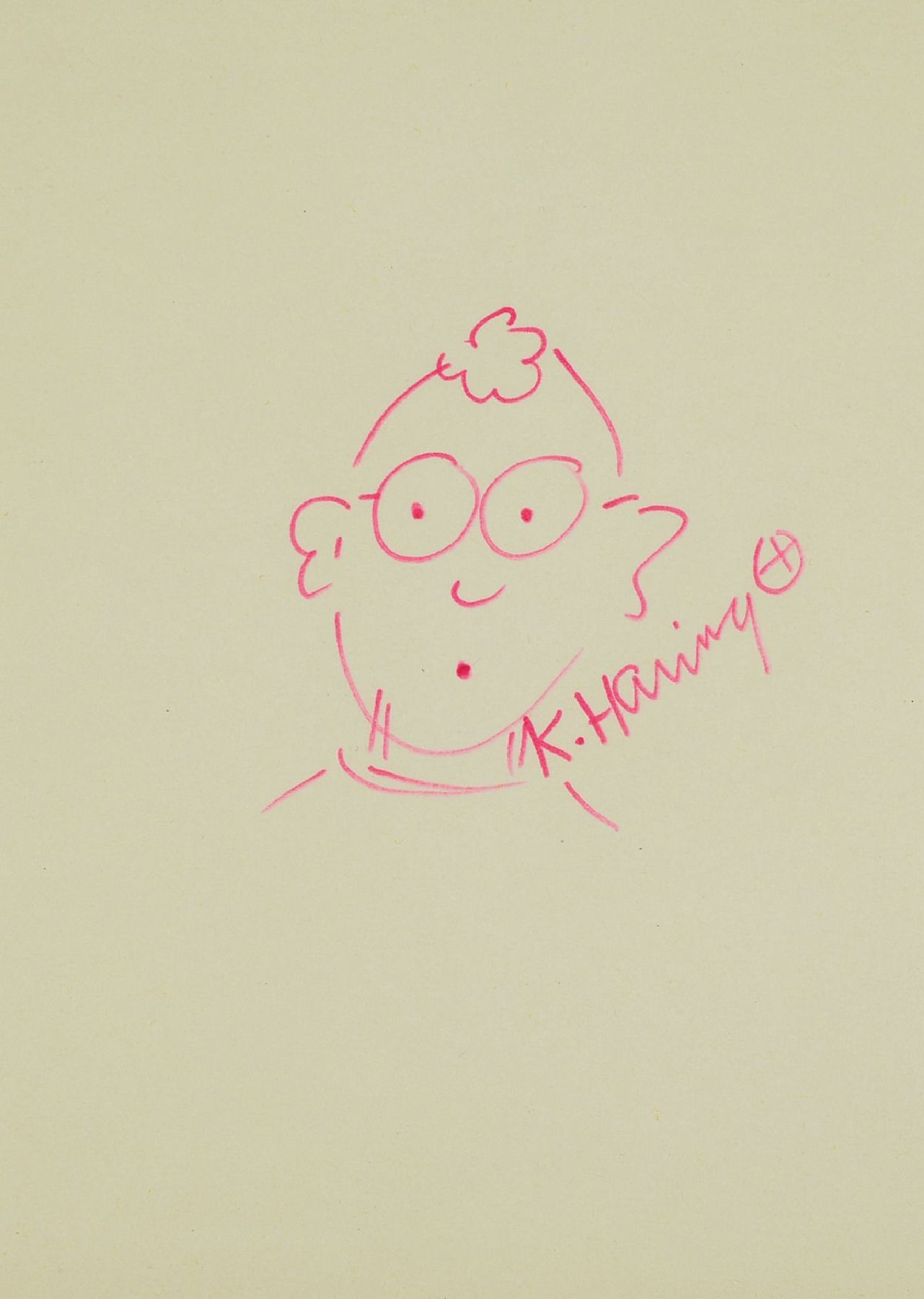 Keith Haring, 1958-1990, Selbstporträt, Filzstiftzeichnung in Pink auf Papier, handsigniert, ca. 10x9cm, u.Gl., R. ca. 26x26cm