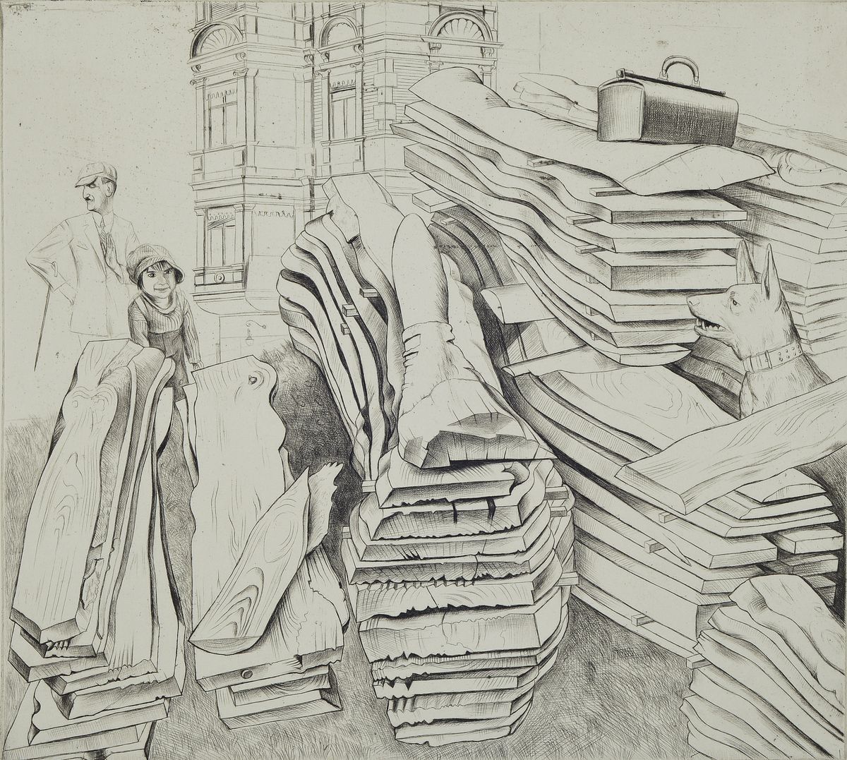 Karl Hubbuch, 1891-1979, Sicher wird er ihn finden, Radierung von 1924, posthumer Abzug, Nachlass-Prägestempel links unten, ca. 24x 26.5cm
