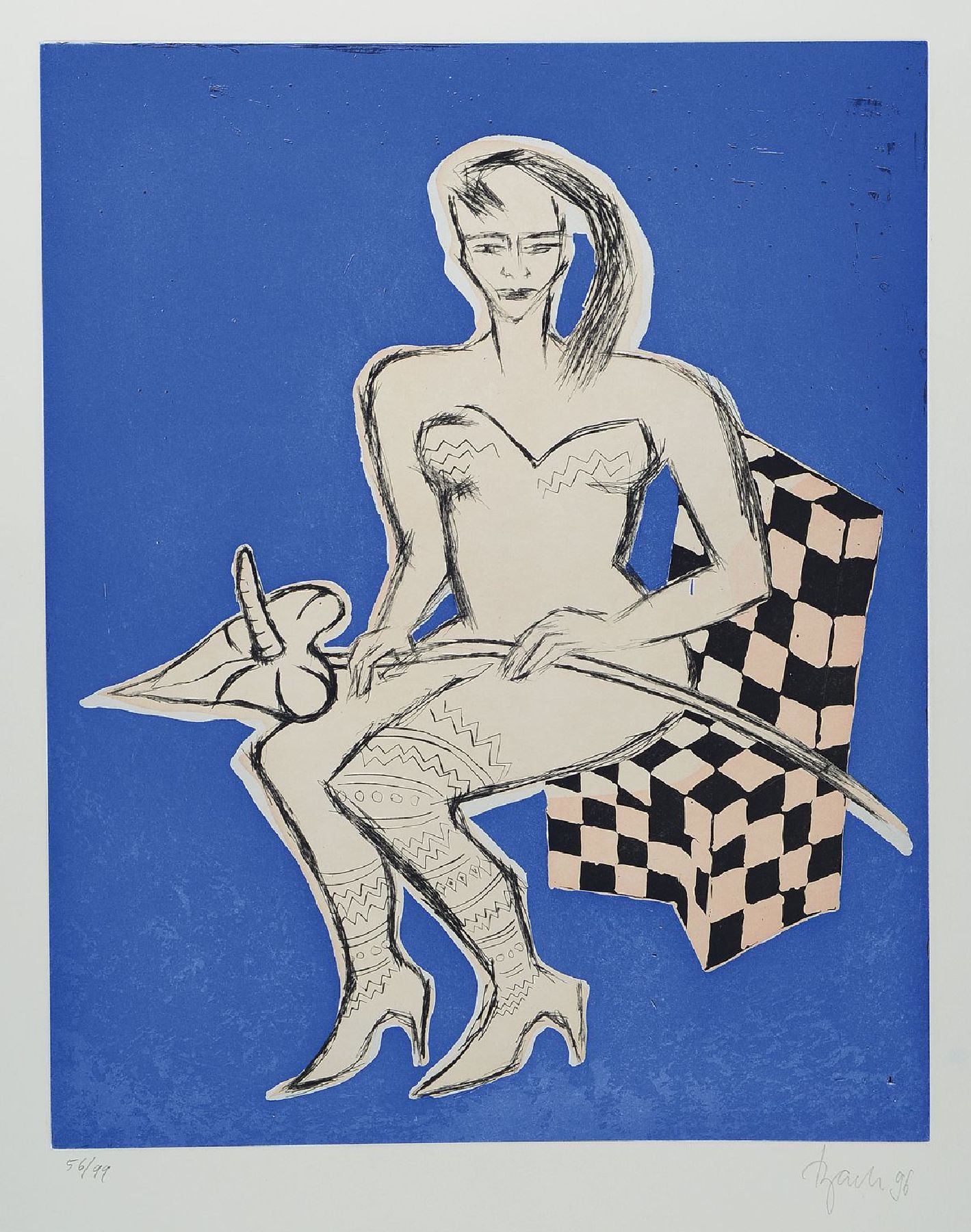 Elvira Bach, geb. 1951, Frau mit Anturie Farbsiebdruck, handsigniert und dat. 96, num. 56/99, ca. 49x39.5cm