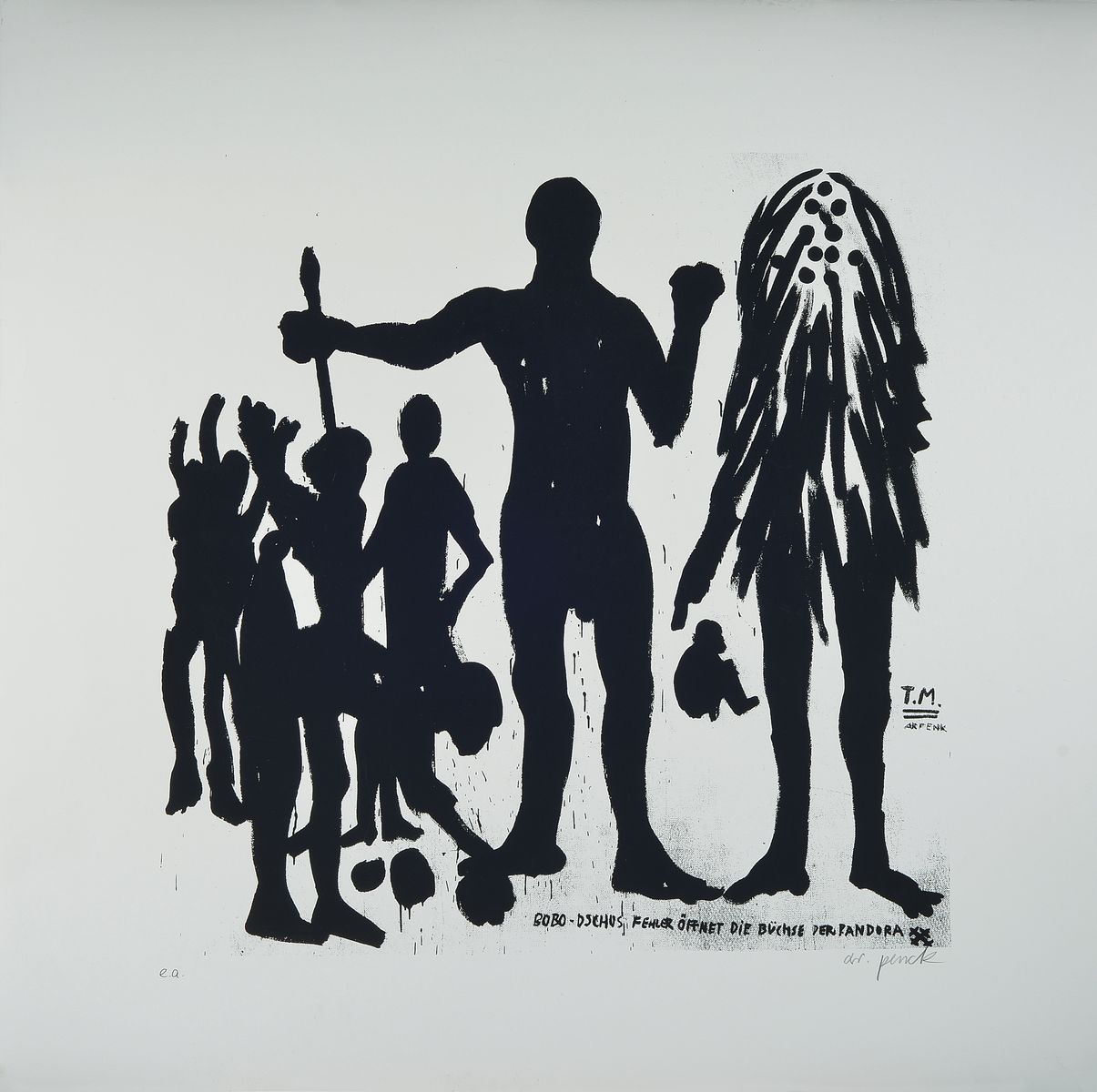 A.R. Penck, 1939-2017, Bobo Fehler öffnet die Büchse der Pandora, Lithographie, e.a., rechts unten handsigniert, ca. 55x55cm