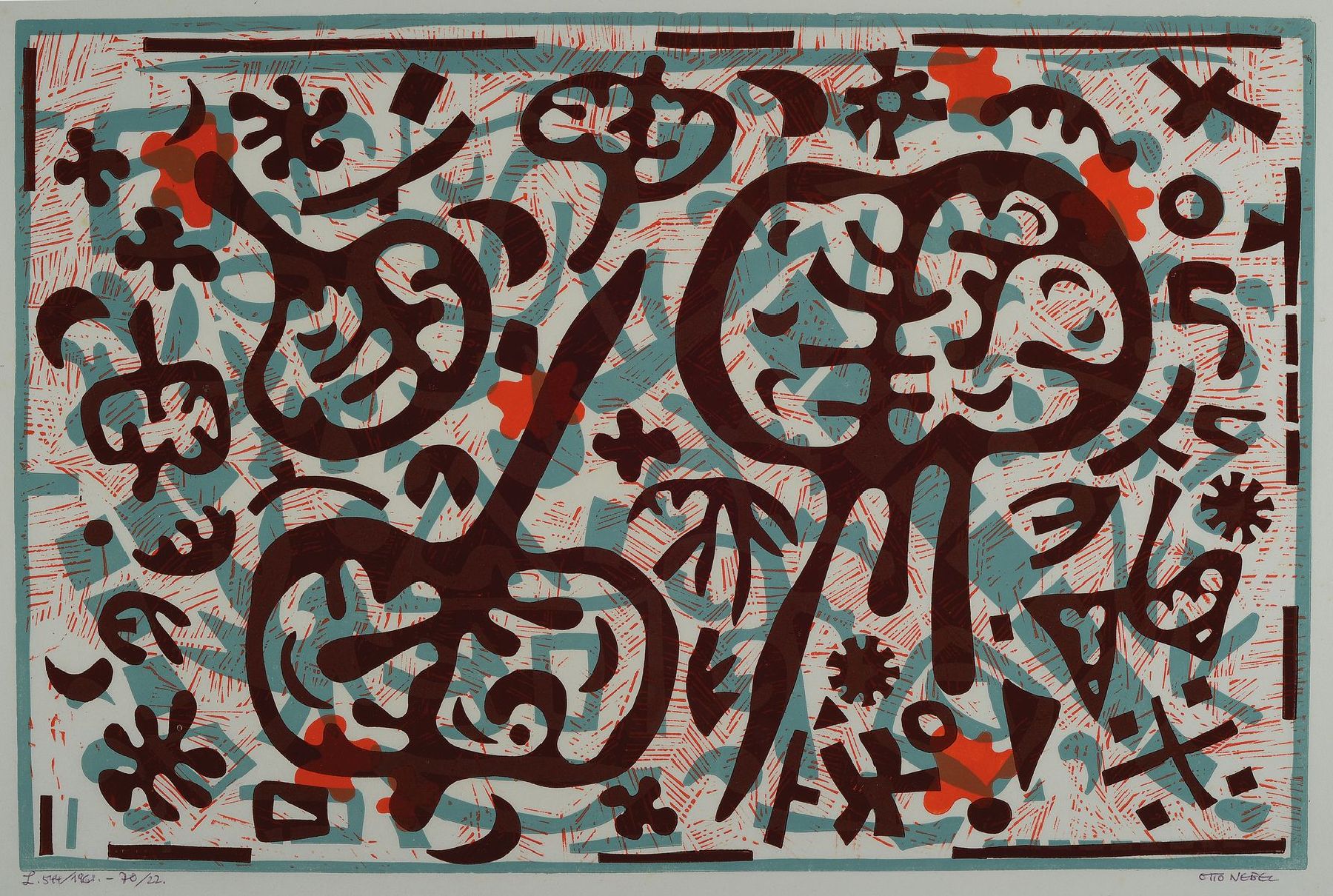 Otto Nebel, 1892-1973, 2 Farbholzschnitte, beide handsigniert und num.: L544/1961-70/22 bzw. 59/60-1960, ca. 35x53cm bzw. 48x29cm
