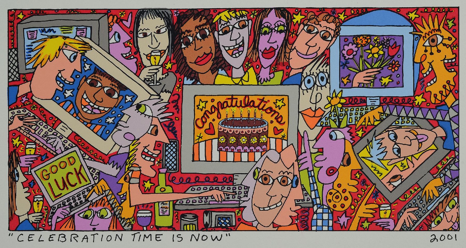 James Rizzi, 1950-2011, Celebration Time is now, Farblithografie von 2001, ca. 14x28cm