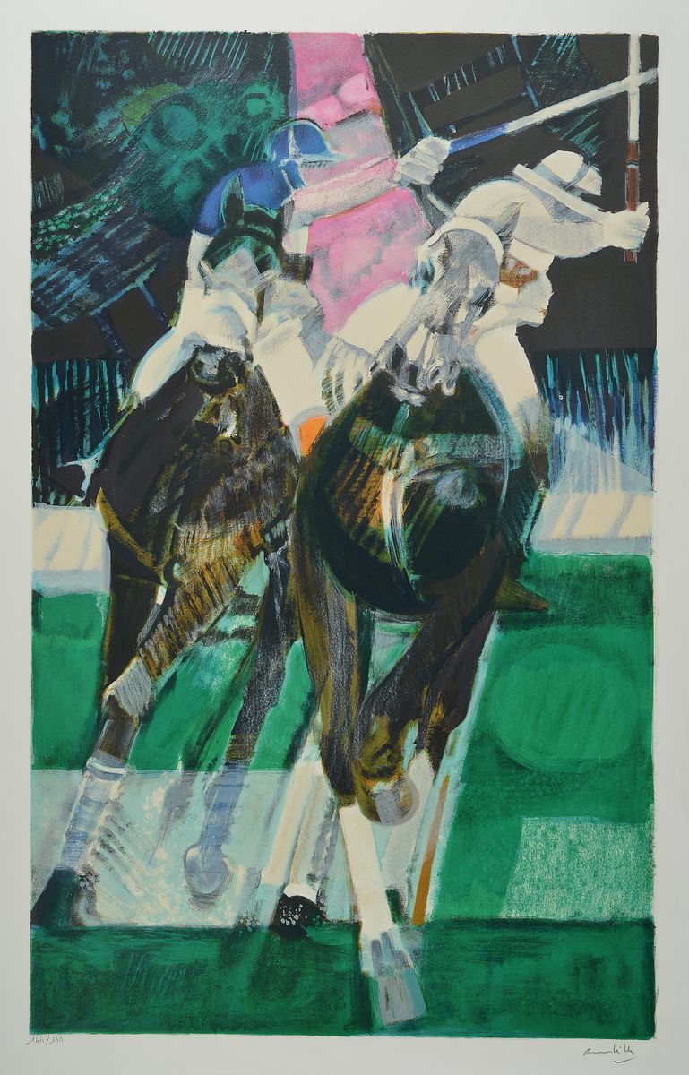 Paul Ambille, 1930 Beziers-2010 Arette, zwei Farblithografien, Golfspieler, num. 27/50, ca. 49x38cm, 1x Polospiel, num. 164/170, ca. 67x42cm, beide ...