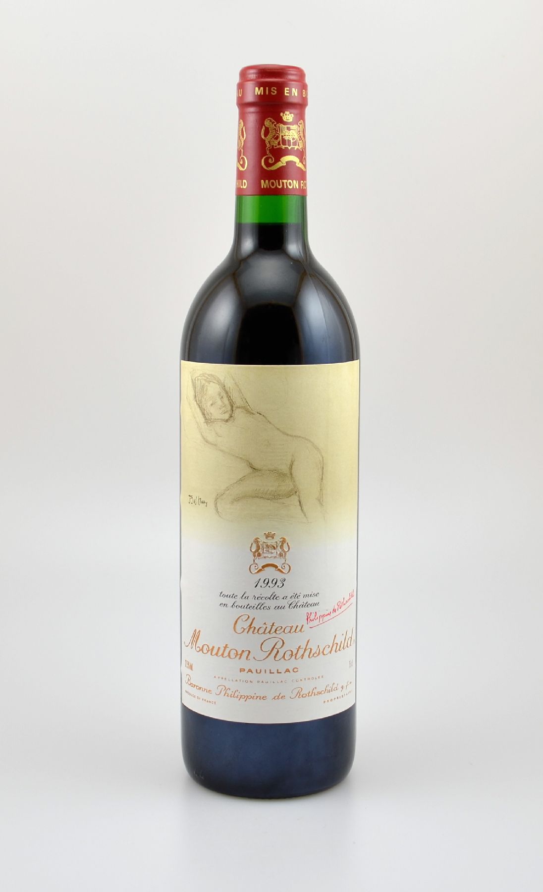 1 Flasche 1993 Chateau Mouton Rothschild, Pauillac, Premier Grand Cru Classe, ca. 75 cl, 12,5 % Vol., Füllstand: into neck, hervorragender ...