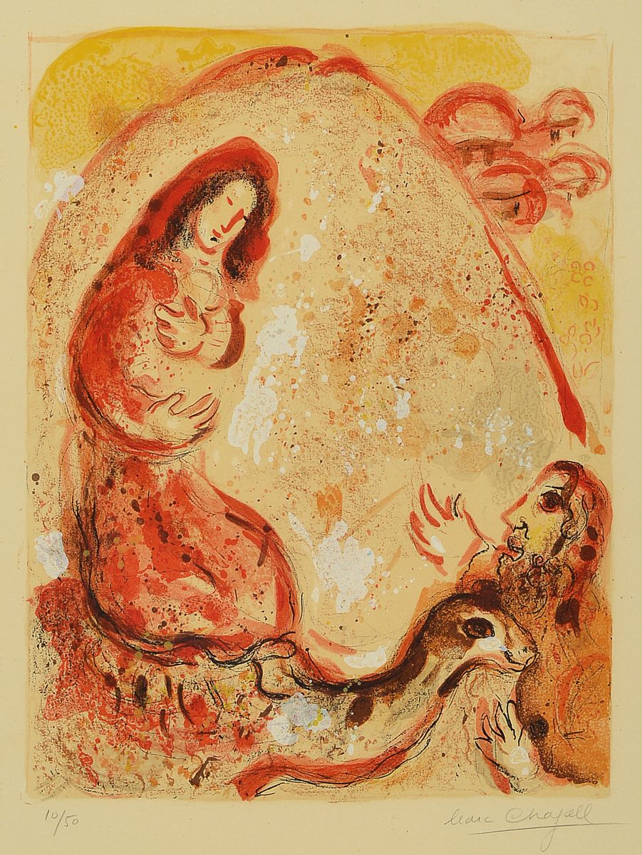 Marc Chagall, 1887-1985, Rachel entwendet die Götzenbilder ihres Vaters, Farblithographie, handsigniert, num. 10/50, ca. 36x27cm/77x63cm, PP, u.Gl., ...