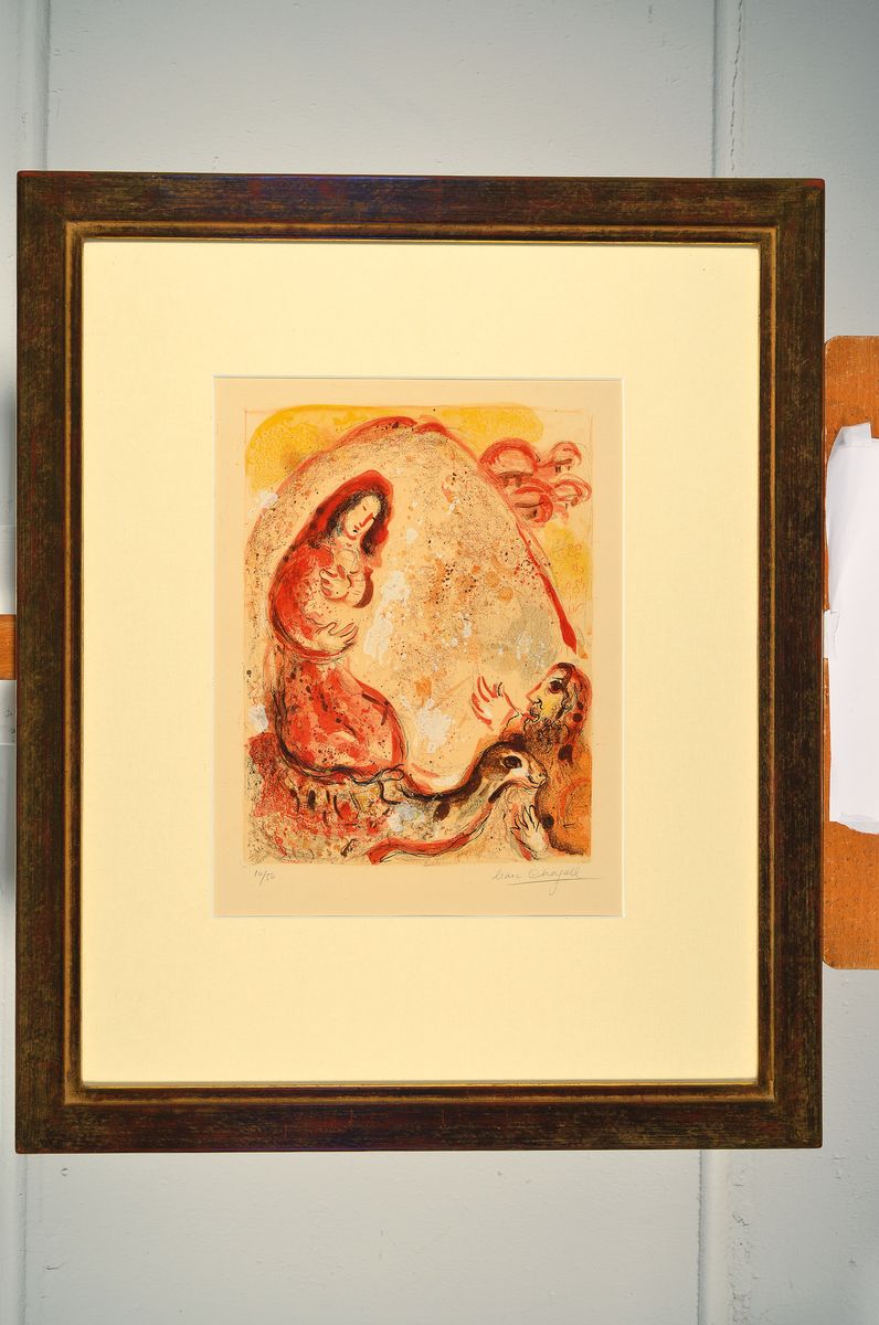 Detail k: Marc Chagall, 1887-1985, Rachel entwendet die Götzenbilder ihres Vaters, Farblithographie, handsigniert, num. 10/50, ca. 36x27cm/77x63cm, PP, u.Gl., ...