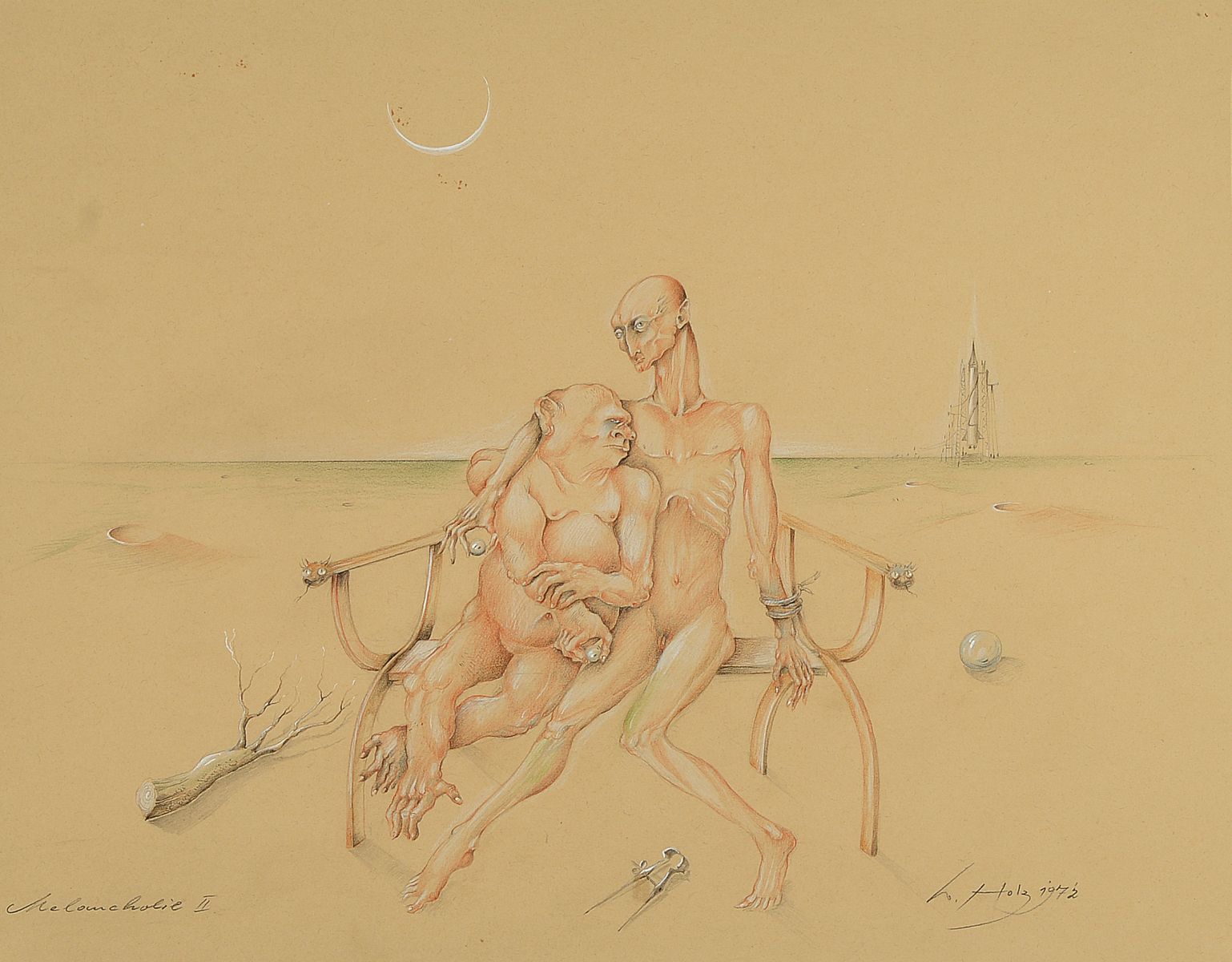 Werner Holz, 1948-1991, Melancholie II, Buntstiftzeichnung, rechts unten signiert und datiert 1972, links unten bezeichnet, im Passepartout, unter ...