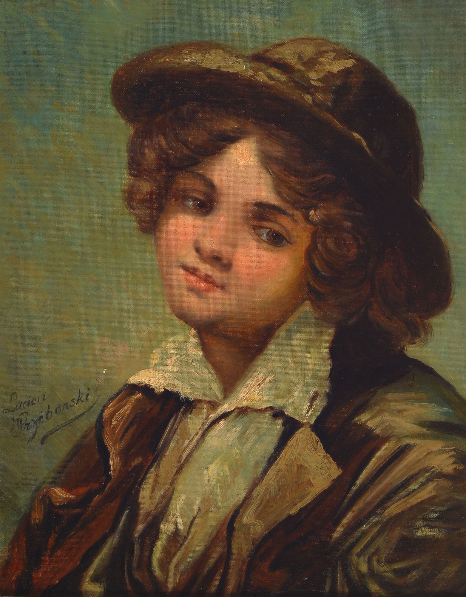 Lucien (K. Lucjian) Przeborski, erw. um 1830-1898, Porträt eines Knaben mit Hut, Öl/Lwd, doubliert, seitlich links signiert, ca. 45x37cm/61x53cm, R.