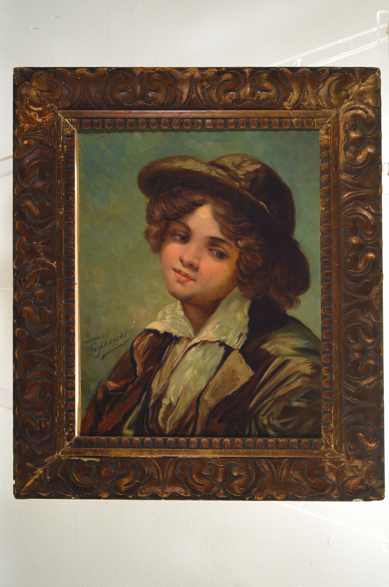 Detail k: Lucien (K. Lucjian) Przeborski, erw. um 1830-1898, Porträt eines Knaben mit Hut, Öl/Lwd, doubliert, seitlich links signiert, ca. 45x37cm/61x53cm, R.