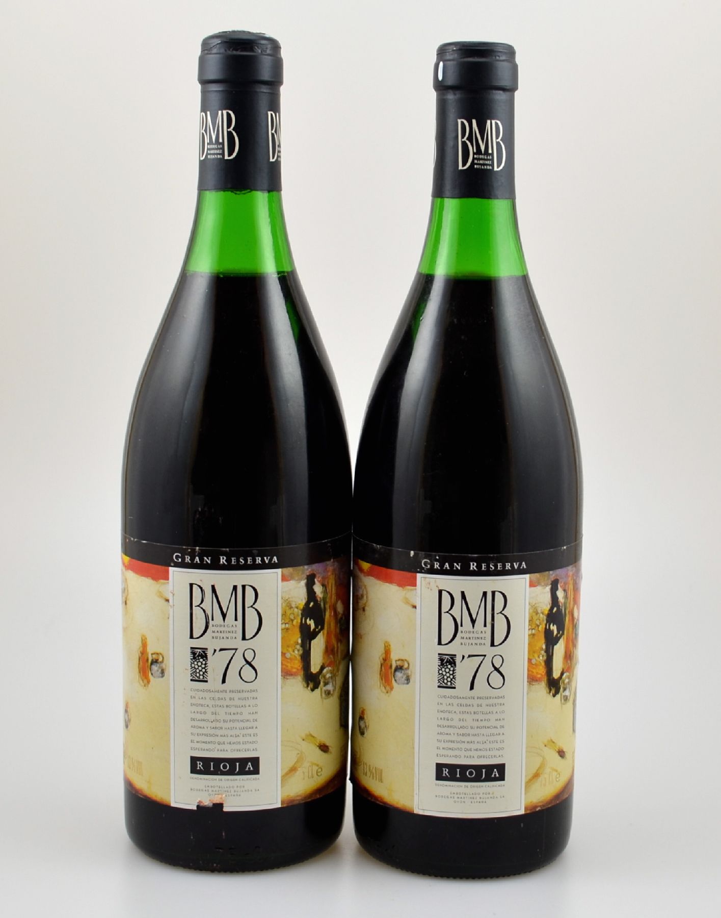 2 Flaschen 1978 Bodegas Martinez Bujanda, Gran Reserva Rioja, je ca. 75 cl, 13 % Vol.,Abstand zwischen Kapsel und Wein: ca. 2,5 cm, Etiketten min. ...