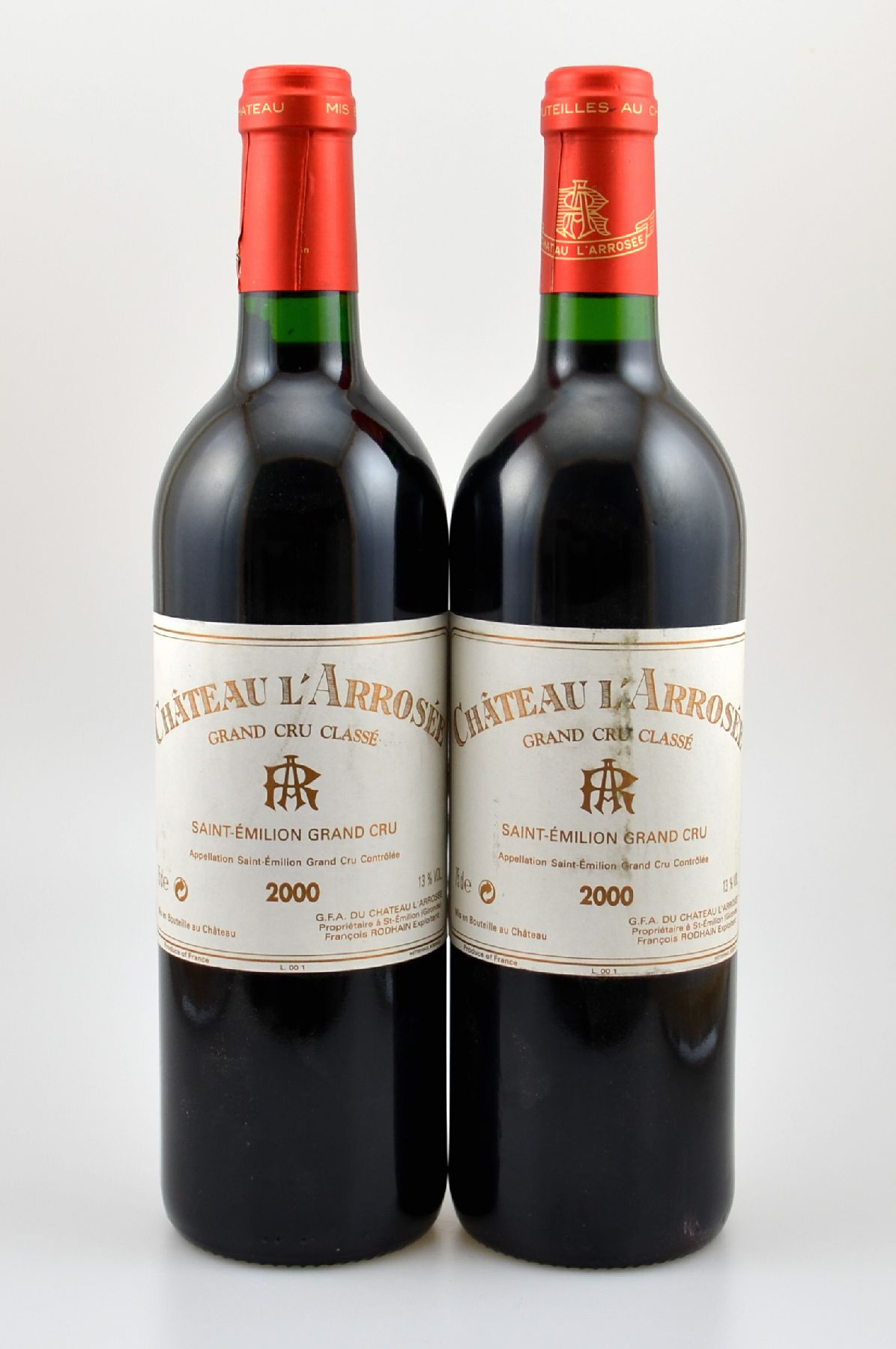 2 Flaschen 2000er Chateau L'Arrosee, Saint-Emilion Grand Cru, Grand Cru Classe, je ca. 75 cl, 13 % Vol., Füllstände: je into neck, Etiketten ...
