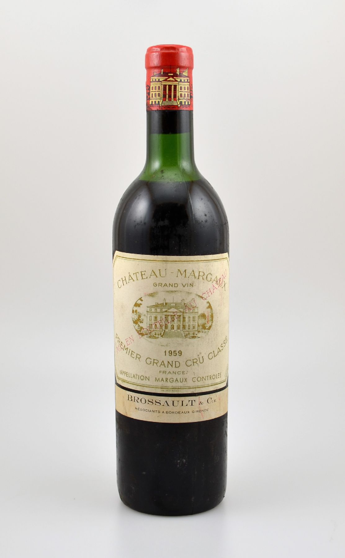 1 Flasche 1959 Chateau Margaux, Margaux, Premier Grand Cru Classe, Füllstand: ca. upper mid shoulder, Etikett l. beschmutzt, unverkostet, sehr ...