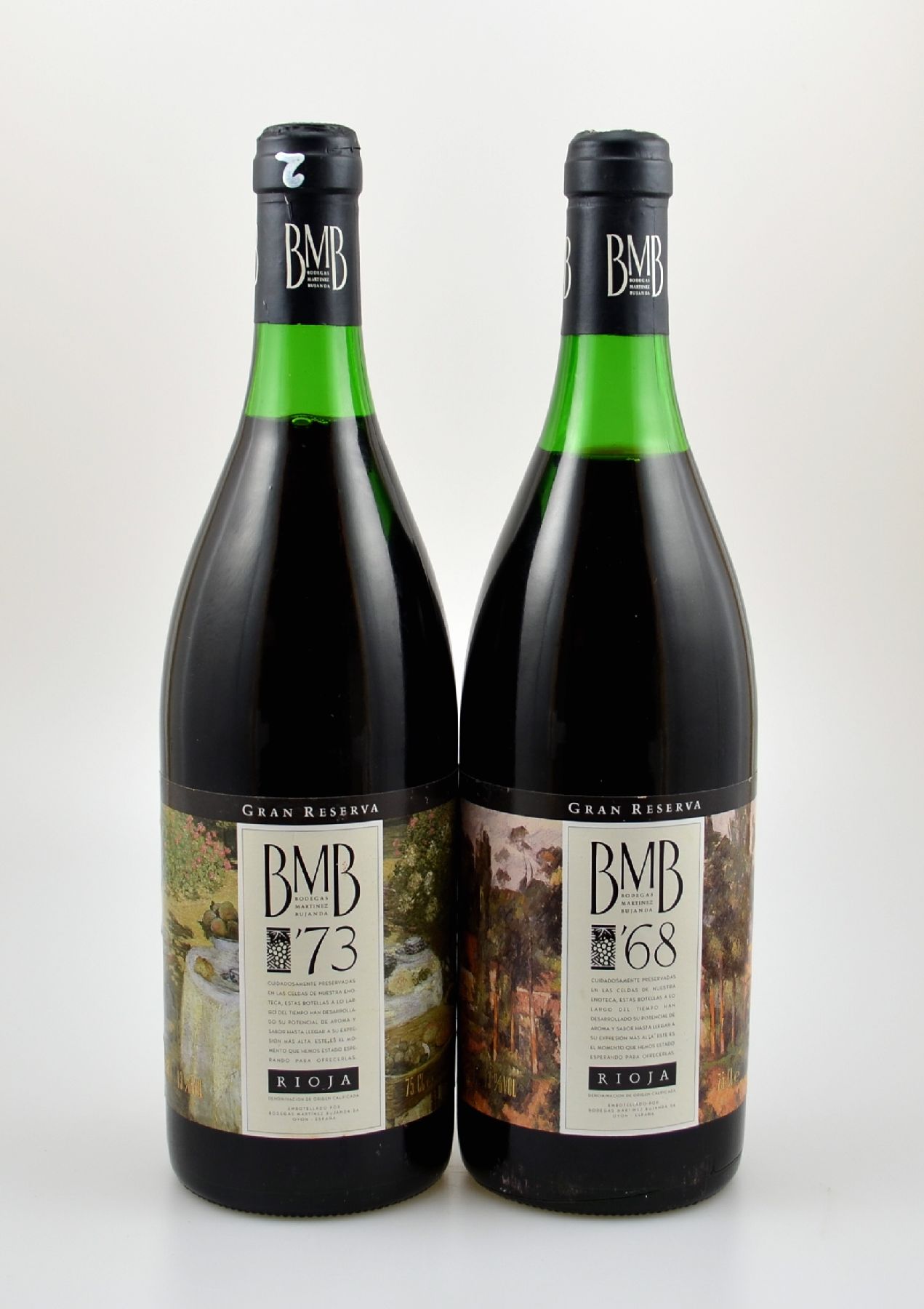 2 Flaschen Bodegas Martinez Bujanda Rioja Gran Reserva, Jahrgänge: 1968 & 1973, je ca. 75 cl, 13 % Vol., Abstand zwischen Kapsel und Wein: ca. 2-3 ...