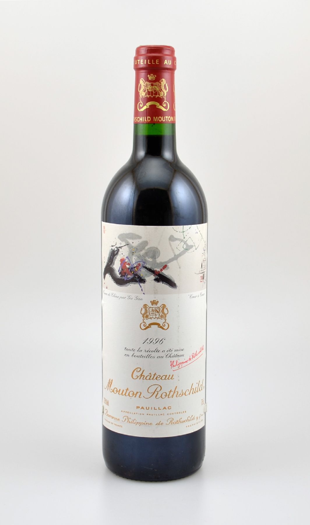 1 Flasche 1996 Chateau Mouton Rothschild, Pauillac, Premier Grand Cru Classe, ca. 75 cl, 12,5 % Vol., Füllstand: into neck, Etikett min. besch., ...