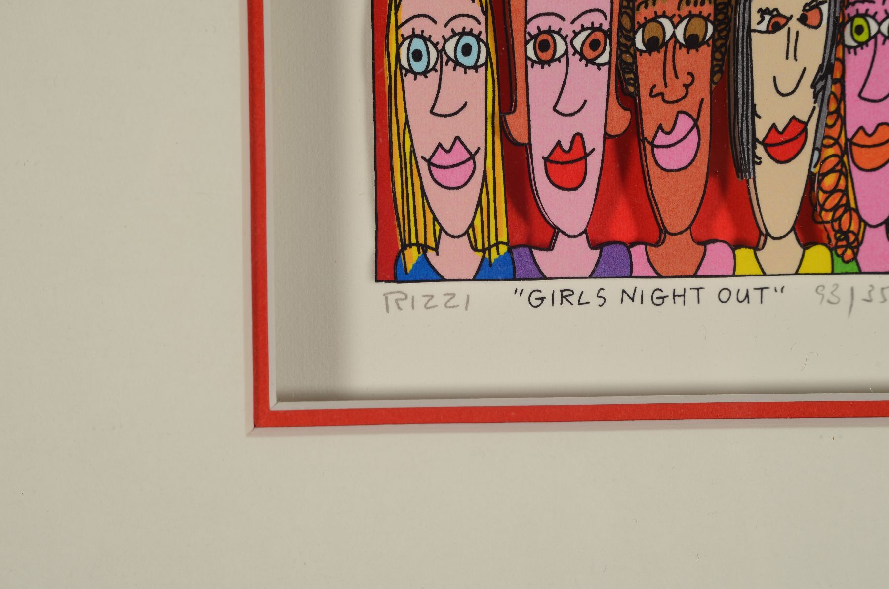 Detail b: James Rizzi, 1950-2011, Girls Night out, 3D-Lithografie, handsign., num. 93/350, Motiv 5,5x7,5 cm , unter Glas gerahmt, gesamt 21,5x25,5 cm
