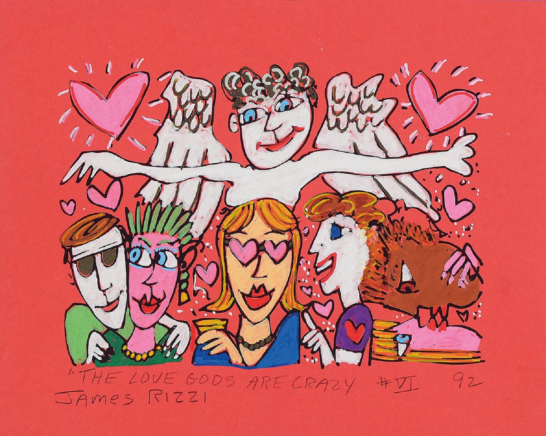 James Rizzi, 1950-2011, The Love gods are crazy, Unikat, handsign., dat. 92, Motiv 19x23 cm , unter Glas gerahmt, gesamt 32x38 cm