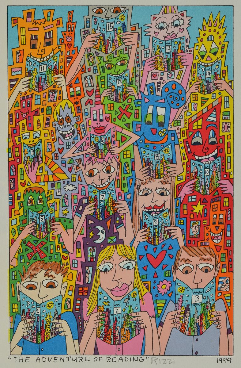 James Rizzi, 1950-2011, The Adventure of Reading, Lithografie, Handsign., dat. 1999, Blatt ca. 22x14 cm
