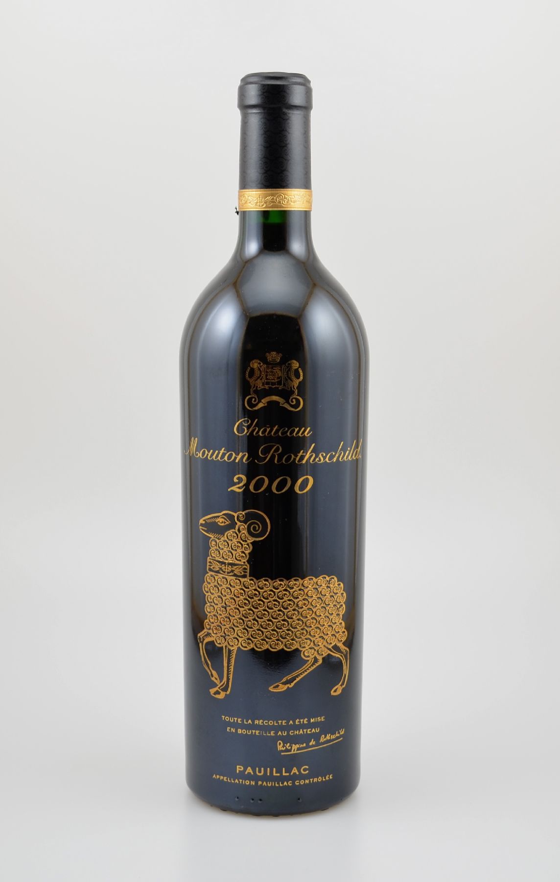 1 Flasche 2000er Chateau Mouton Rothschild, Pauillac, Premier Grand Cru Classe, 75 cl, 12,5 % Vol., Füllstand: into neck, hervorragender ...
