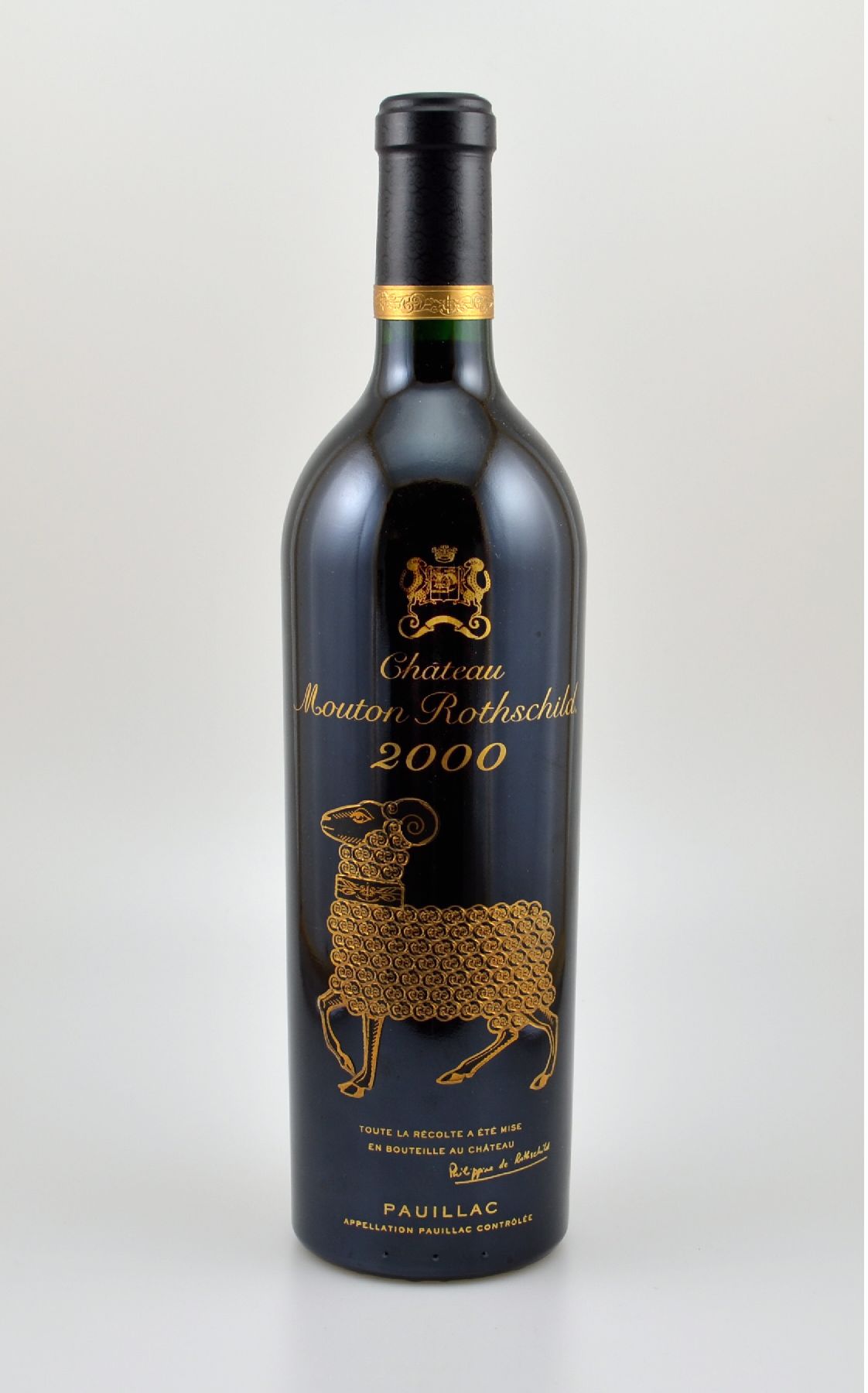 1 Flasche 2000er Chateau Mouton Rothschild, Pauillac, Premier Grand Cru Classe, 75 cl, 12,5 % Vol., Füllstand: into neck, hervorragender ...