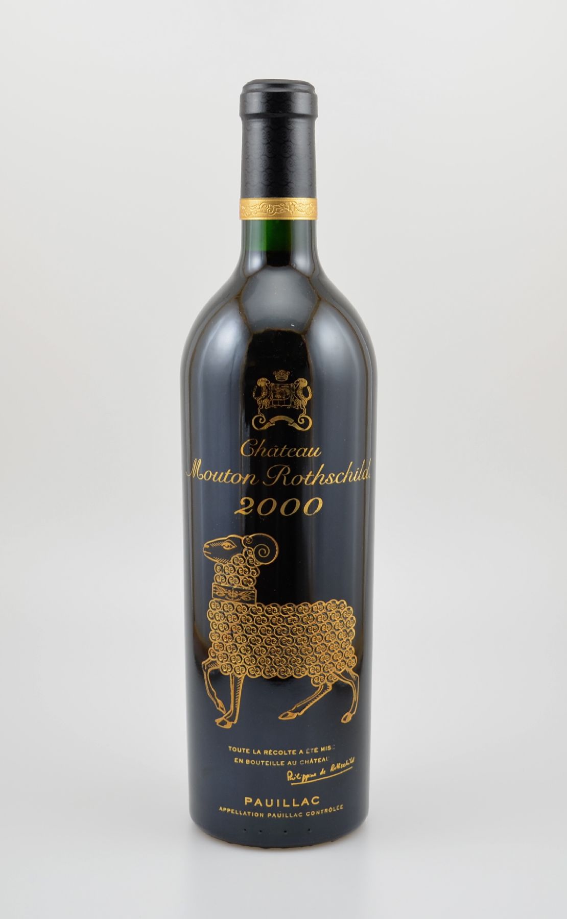 1 Flasche 2000er Chateau Mouton Rothschild, Pauillac, Premier Grand Cru Classe, 75 cl, 12,5 % Vol., Füllstand: into neck, hervorragender ...