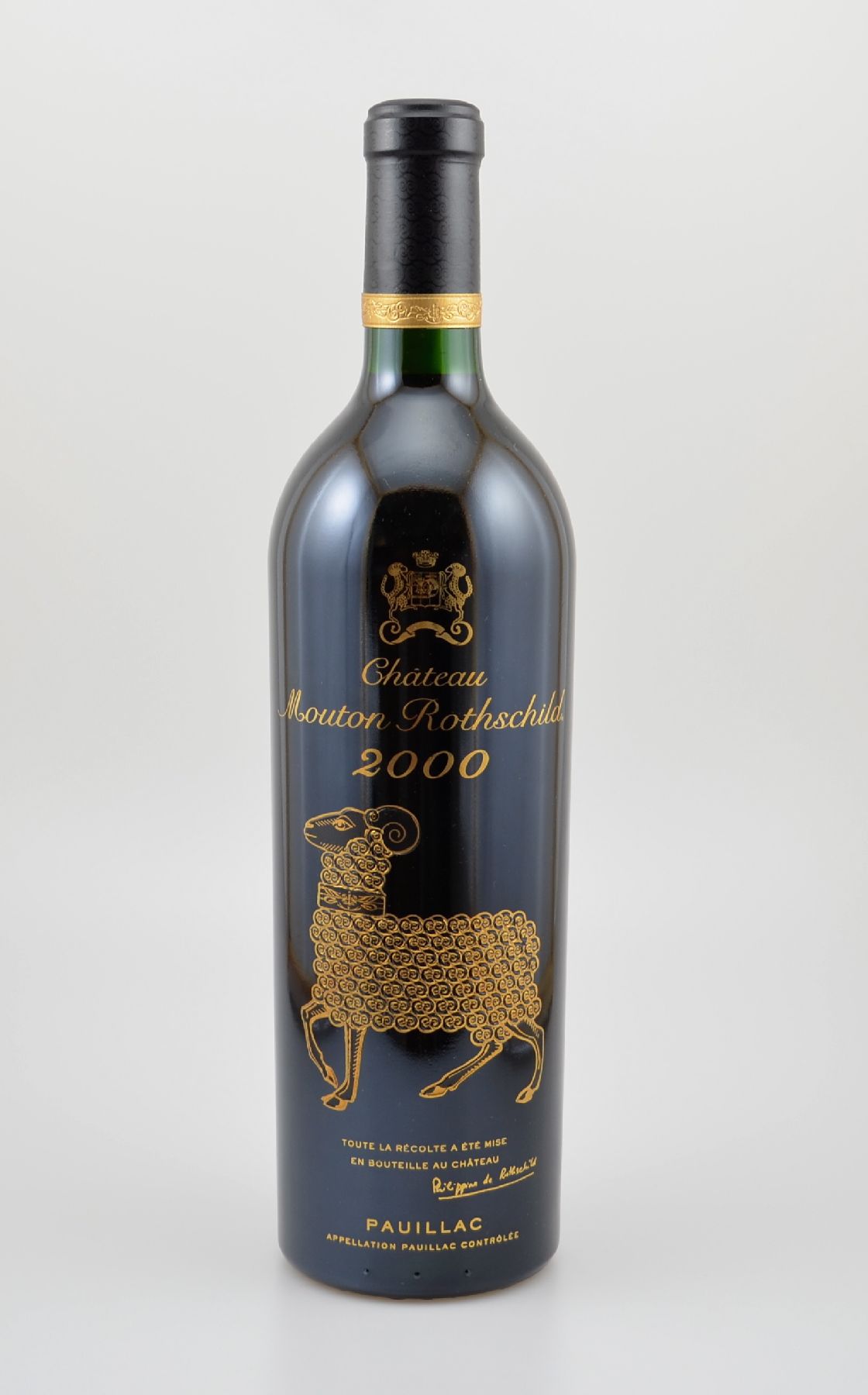 1 Flasche 2000er Chateau Mouton Rothschild, Pauillac, Premier Grand Cru Classe, 75 cl, 12,5 % Vol., Füllstand: into neck, hervorragender ...