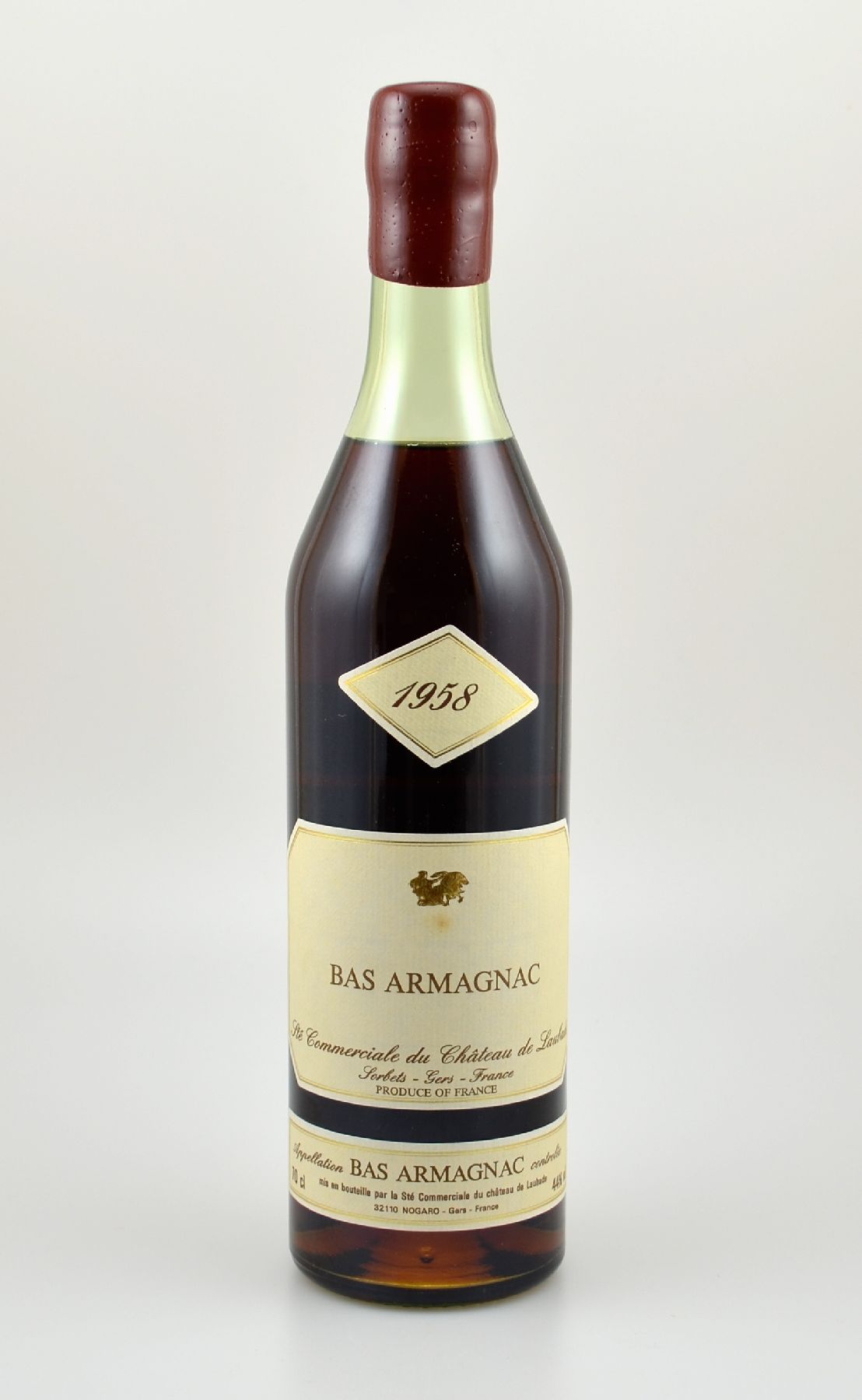 1 Flasche 1958 BAS-Armagnac, Ste Commerciale du Chateau de Laubade, ca. 70 cl, 40 % Vol., Abstand zwischen Kapselwachs und Armagnac: ca. 4 cm, ...
