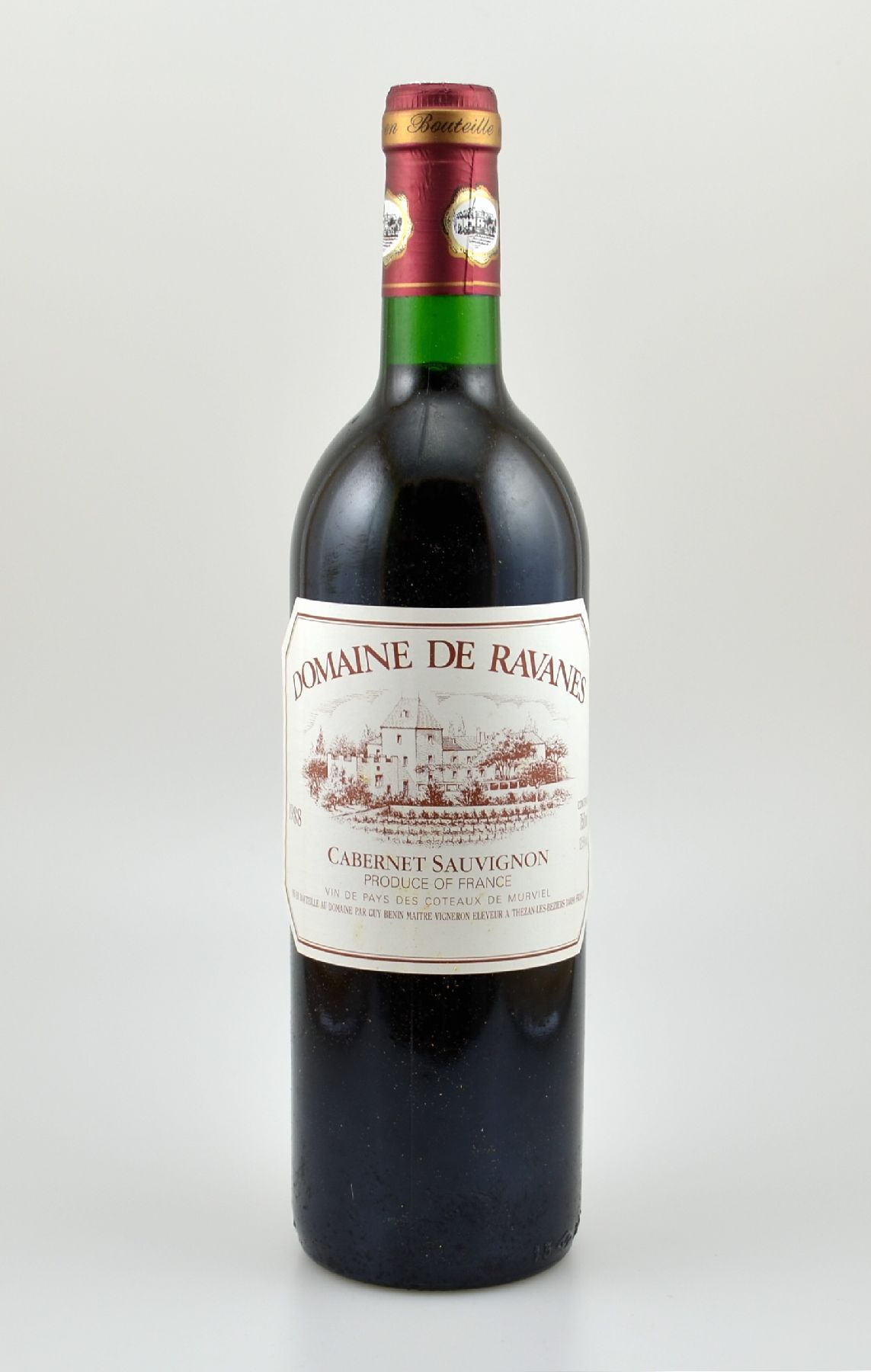 12 Flaschen 1988 Domaine de Ravanes, Cabernet Sauvignon, je ca. 75 cl, 12,5 % Vol., Füllstände: top shoulder bis into neck, unverkostet, in OHK, ...