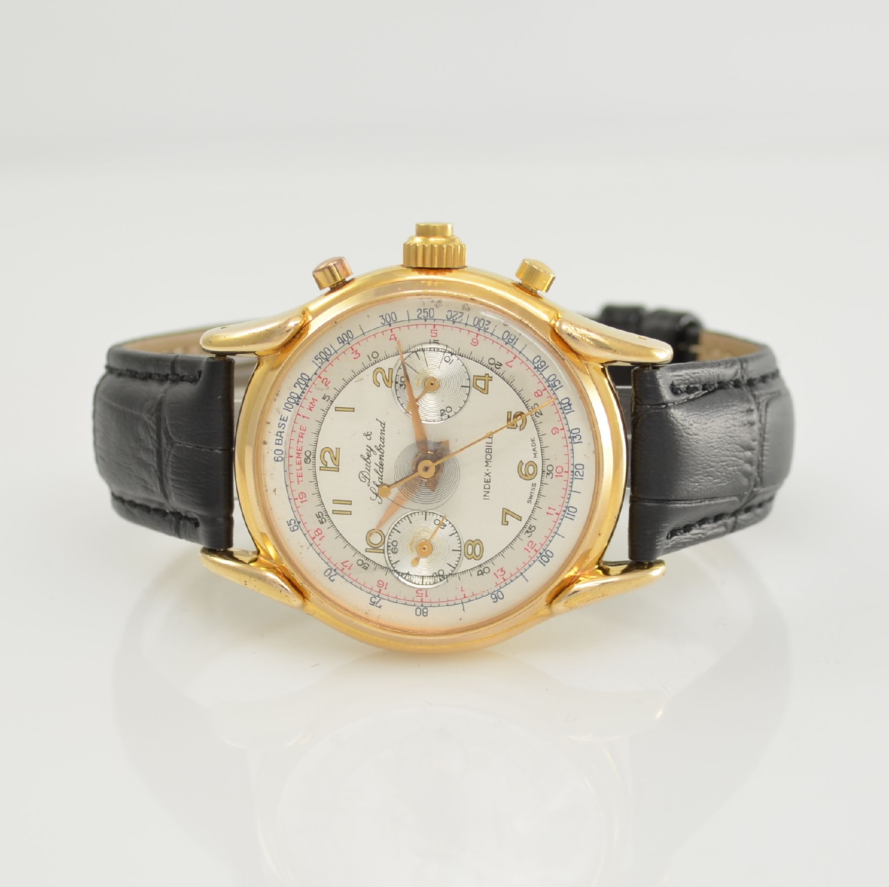 DUBEY & SCHALDENBRAND Index-Mobile Armbandchronograph mit Mono-Rattrapante, Schweiz um 1985, Handaufzug, beids. vergl. verg. Gehäuse, silb. ...