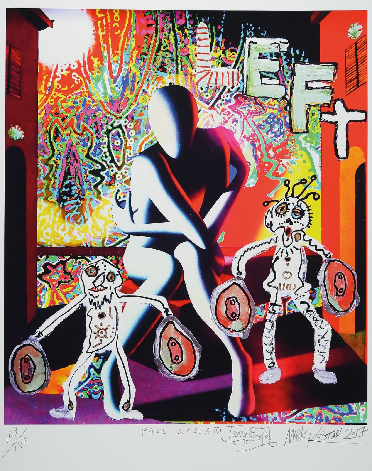 Mark Kostabi, Paul Kostabi und Tony Esposito, Psychedelic Solution, Farbsiebdruck, von allen drei Künstlern Handsigniert, dat. 2017, num. 109/120, ...