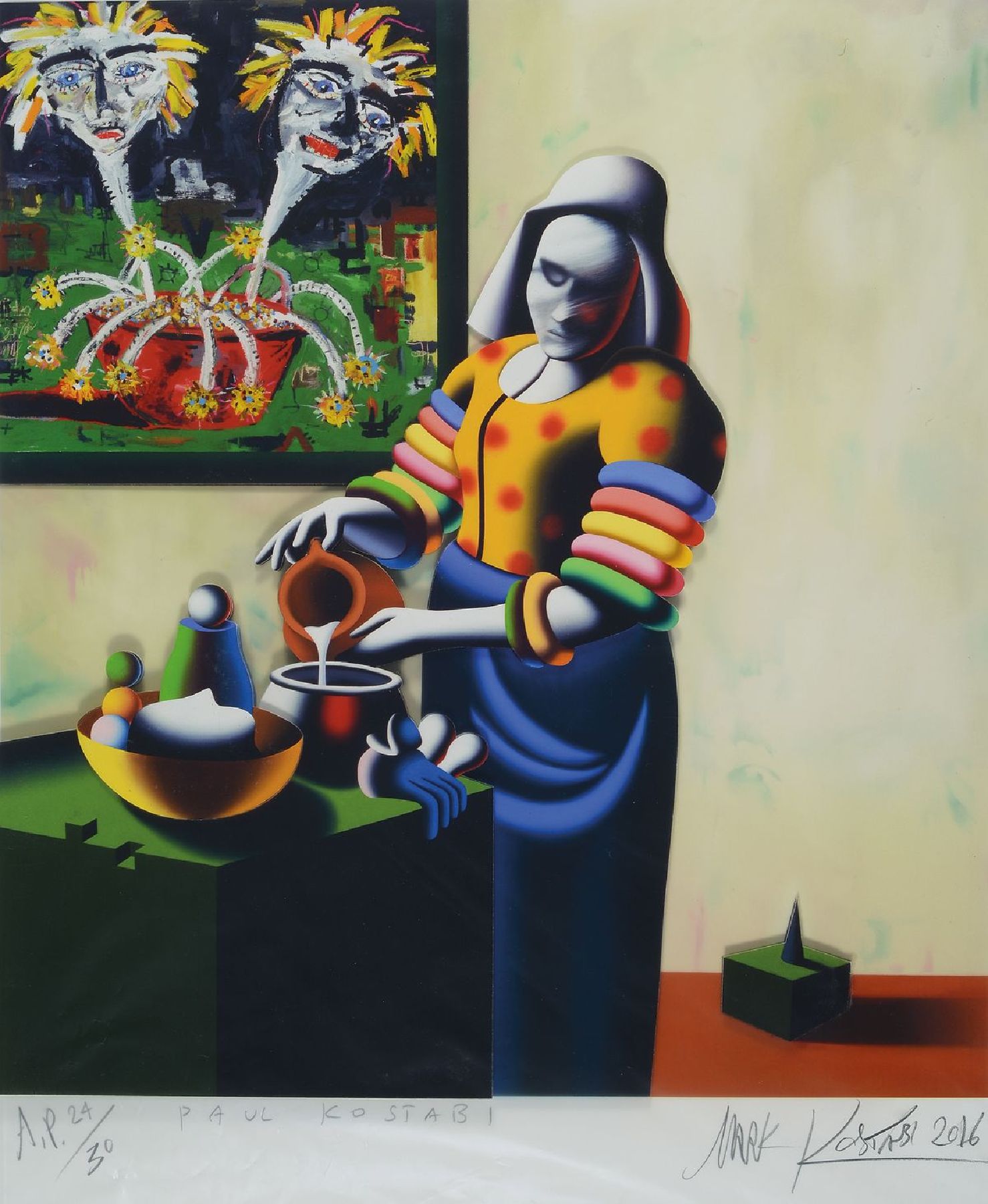 Mark Kostabi und Paul Kostabi, The Transformation, dreidimensionaler Farbsiebdruck von 2016, von beiden handsigniert, num. A.P. 24/30, Blattgr. ca. ...
