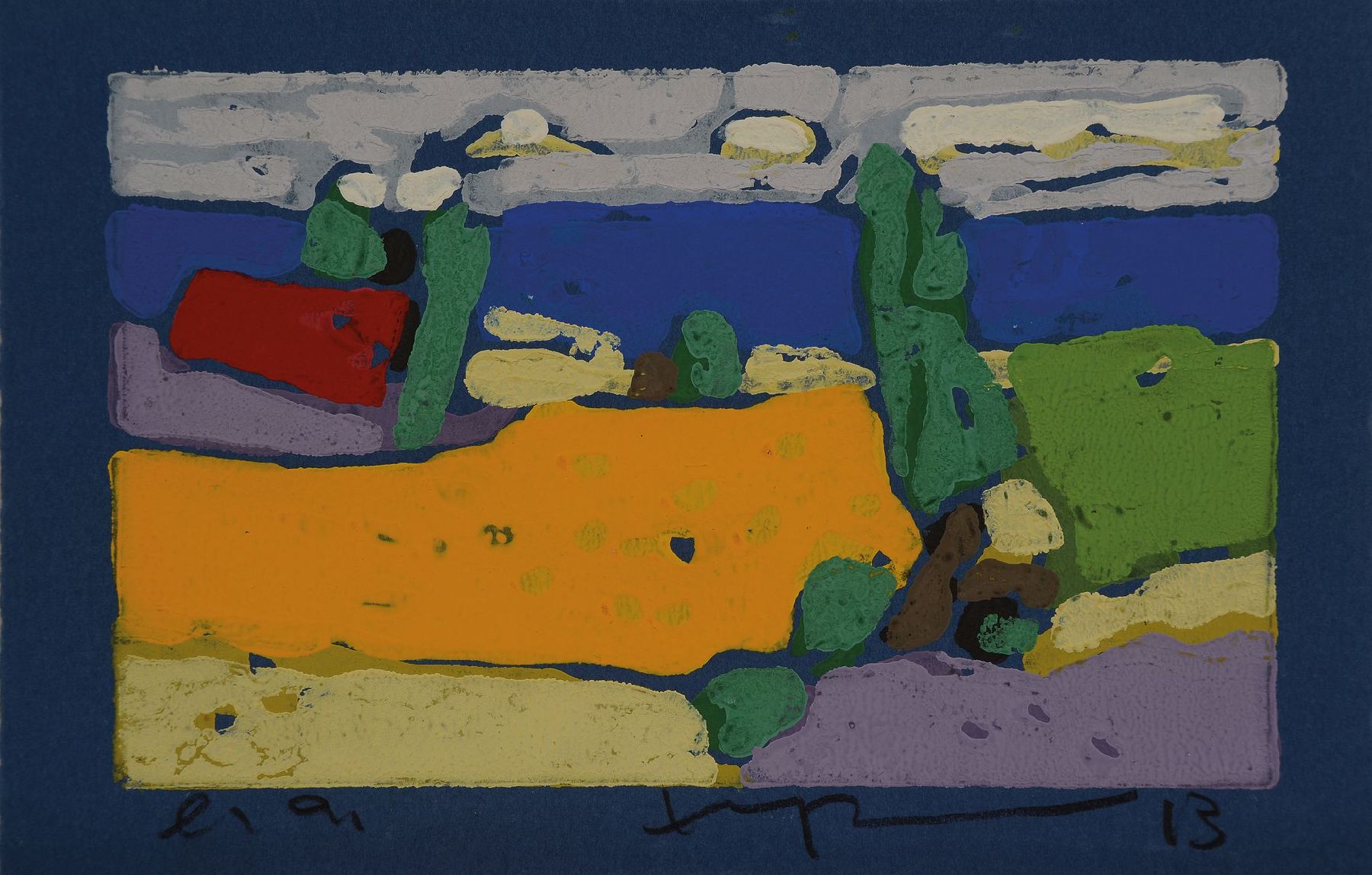 Klaus Fußmann, geb. 1938, Haus-Weizen- Ostsee, Farblinolschnitt auf blauem Papier, bez. e.a., signiert und dat. 13, ca. 9x14cm, rückseitig betitelt