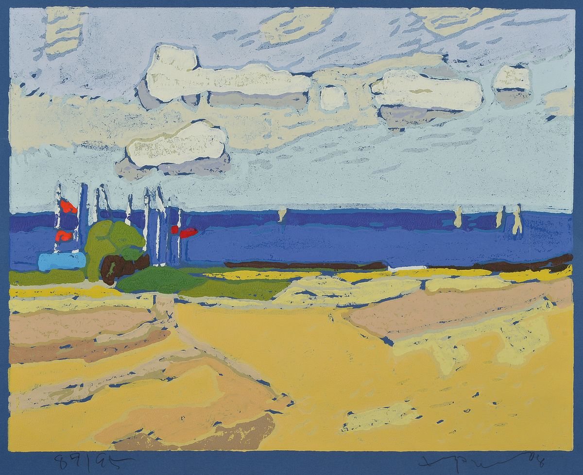 Klaus Fußmann, geb. 1938, Segelboote auf der Ostsee, Farblinolschnitt auf blauem Papier, handsigniert, num. 89/95, ca. 42x54cm