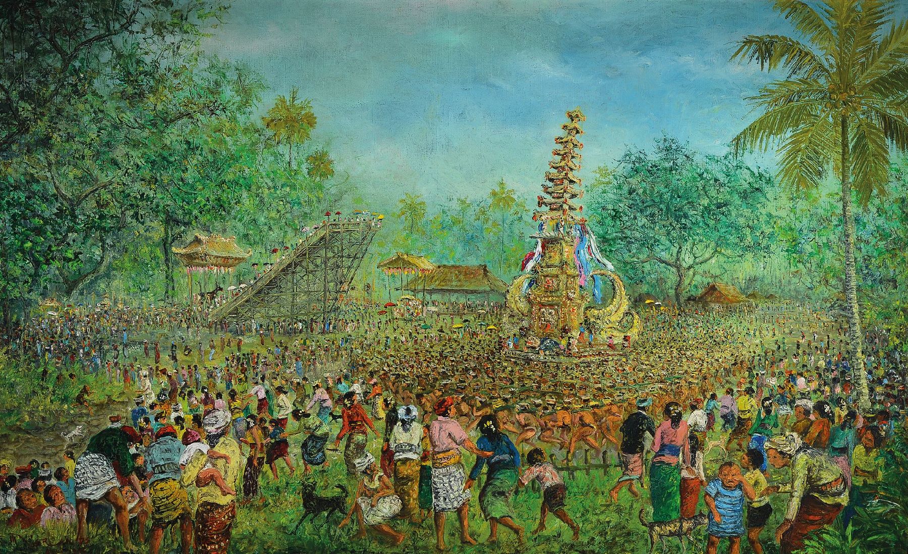 zeitgenössischer indonesischer Künstler, vielfigurige Szene eines Volksfestes, Öl/Lwd, rechts unten signiert und datiert 1996, ca. 87x140cm, R.