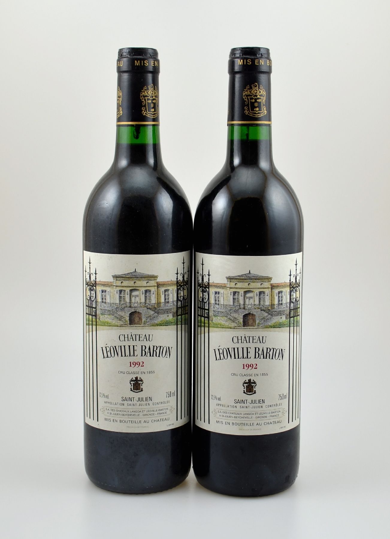 2 Flaschen 1992 Chateau Leoville Barton, Saint-Julien, je 75 cl, 12,5 % Vol., Füllstände: je into neck, sehr gute Erhaltungszustände, unverkostet, ...