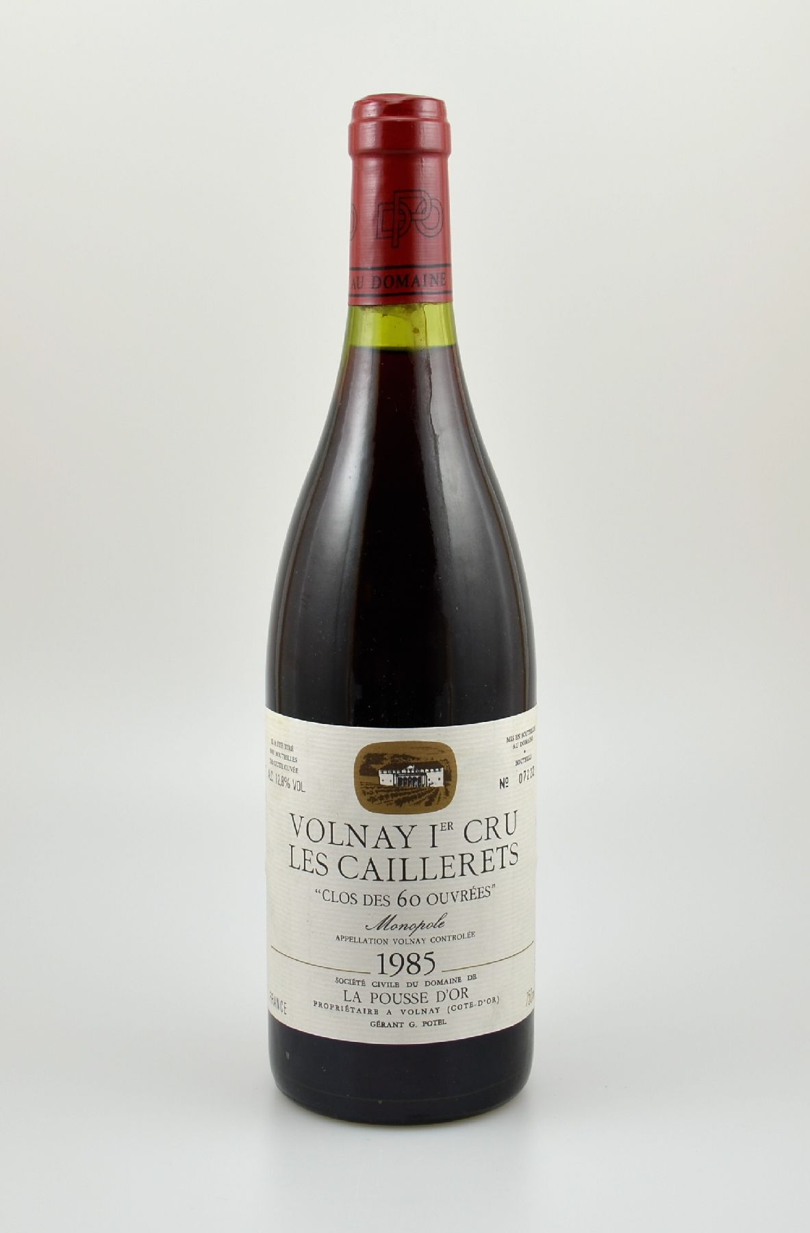 1 Flasche 1985 Les Caillerets Volnay 1er Cru, La Pousse D'OR, "Clos des 60 Ouvrees", ca. 75 cl, 12,8 % Vol., Abstand zwischen Kapsel ...