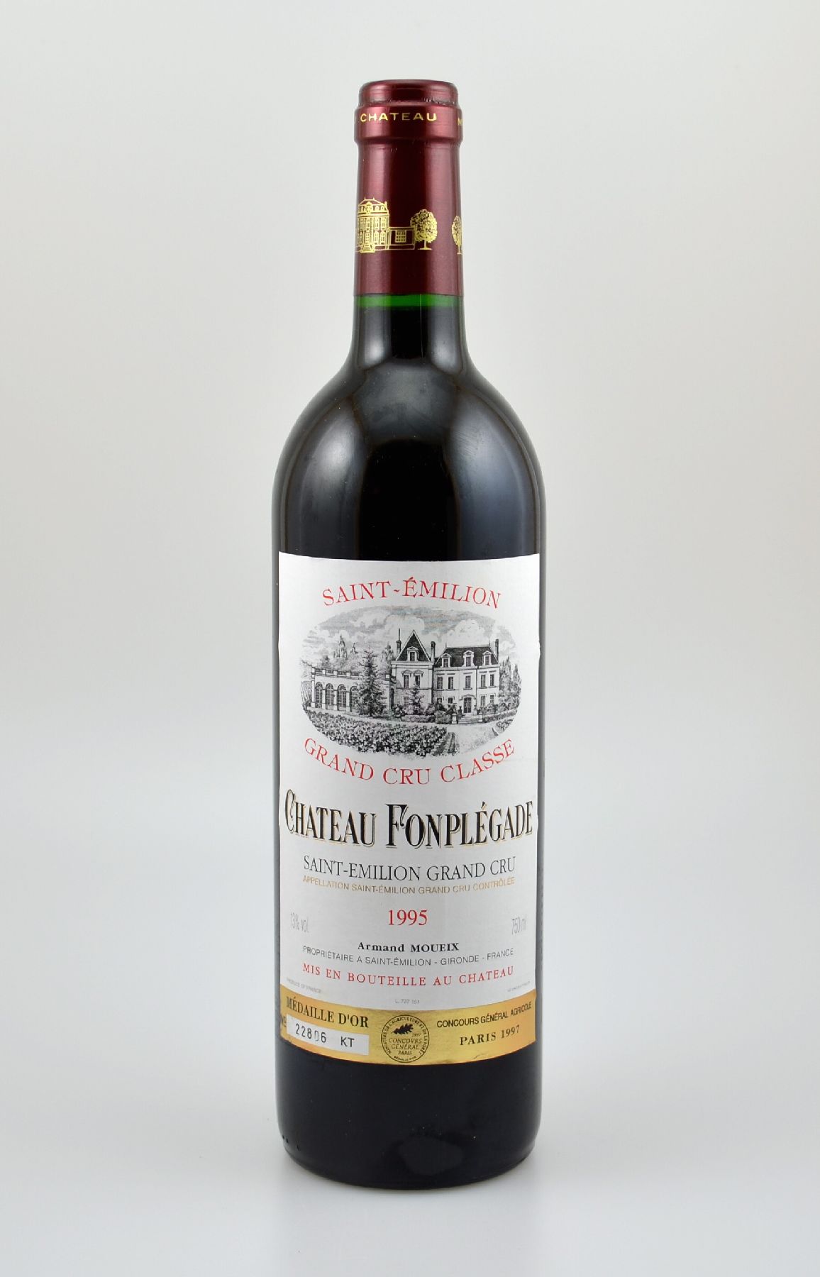 12 Flaschen 1995 Chateau Fonplegade Saint-Emilion Grand Cru, je 75 cl, 13 % Vol. , Füllstände: je into neck, hervorragende Erhaltungszustände, ...